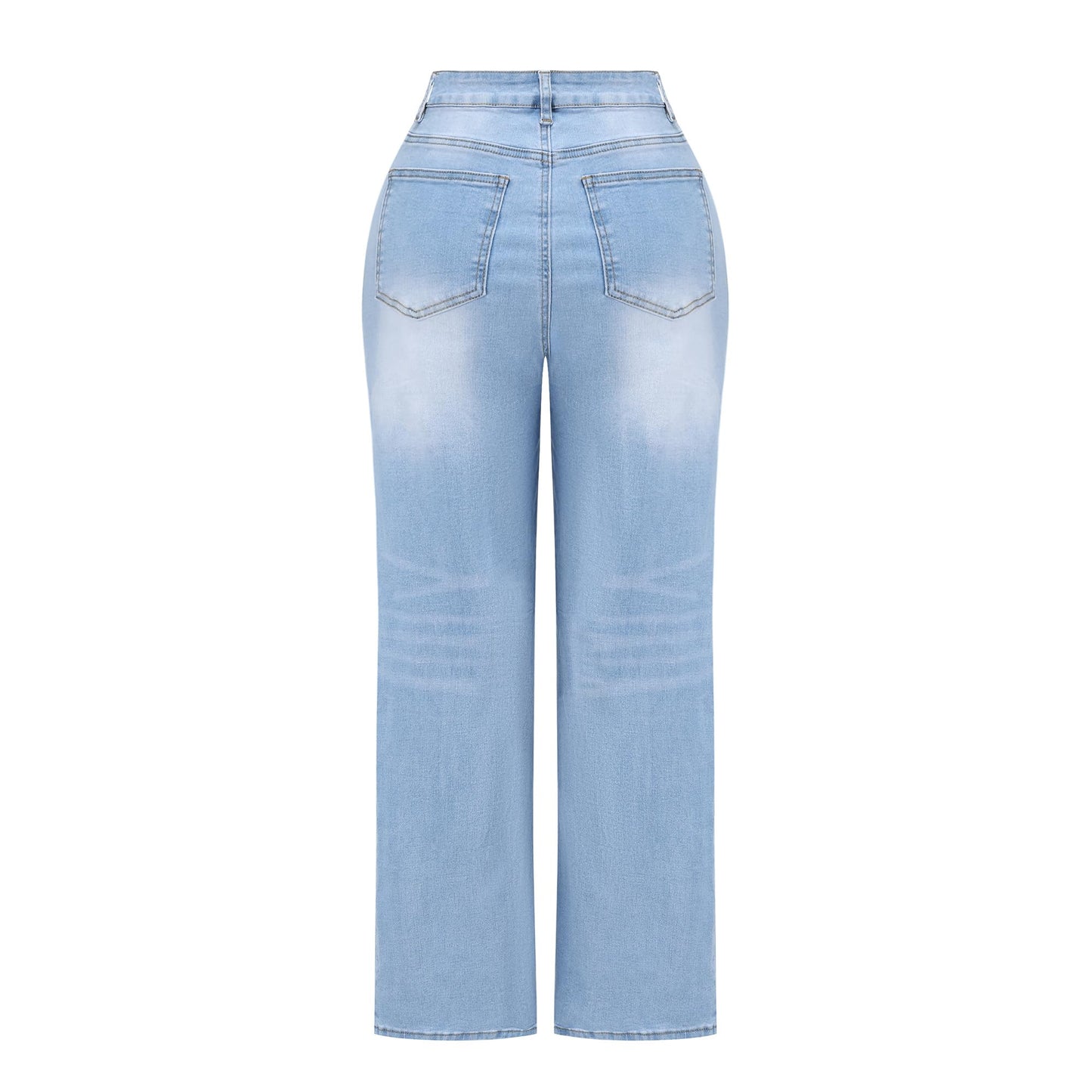 THUNDER STAR Womens High Waisted Wide Leg Jeans Stretchy Distressed Denim Pants Light Blue XXL
