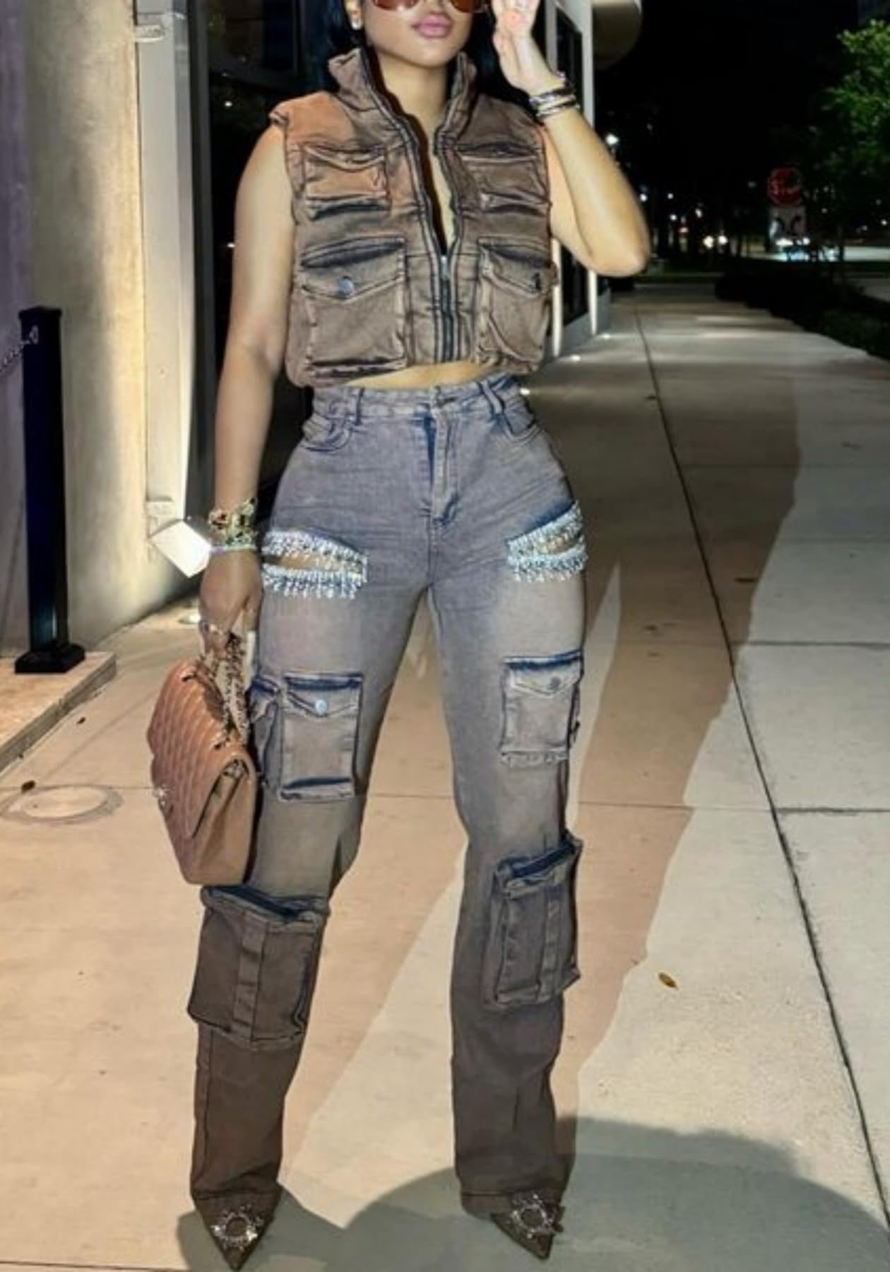 Unybwonn Sexy Pearl Sparkly Jeans for Women Cutout Bedazzled Elastic Baggy Cargo Denim Pants with Flap Pockets Blue