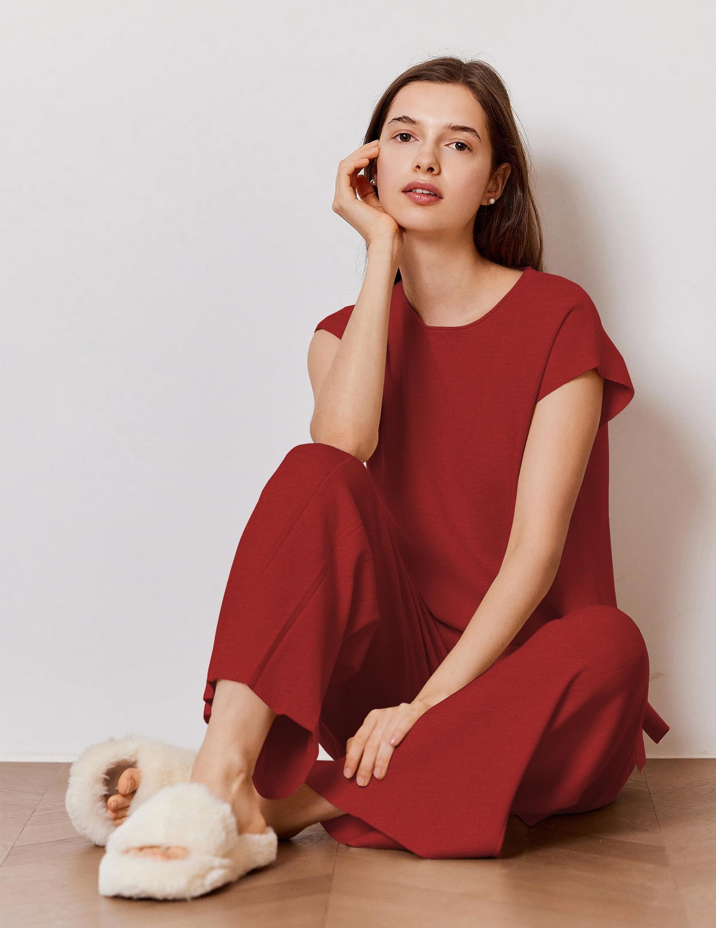 Ekouaer Lounge Sets for Women Two Piece Outfits Knit Cap Sleeve Tops Wide Leg Pleated Pants Casual Dressy Sweater Sets Beige