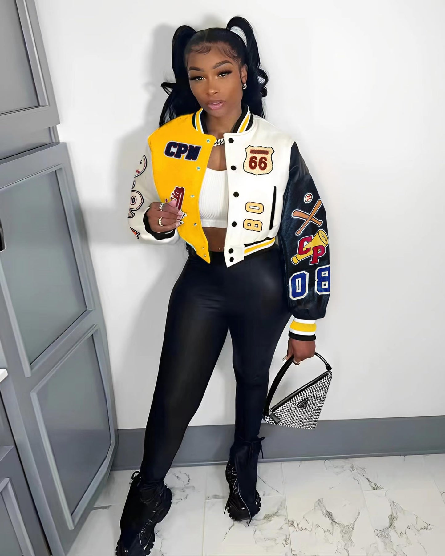 Glitrandi Varsity Jacket for Women Jacket with Patches Cropped Bomber Leather Jacket Woman Winter Spring 2025 S-XXL
