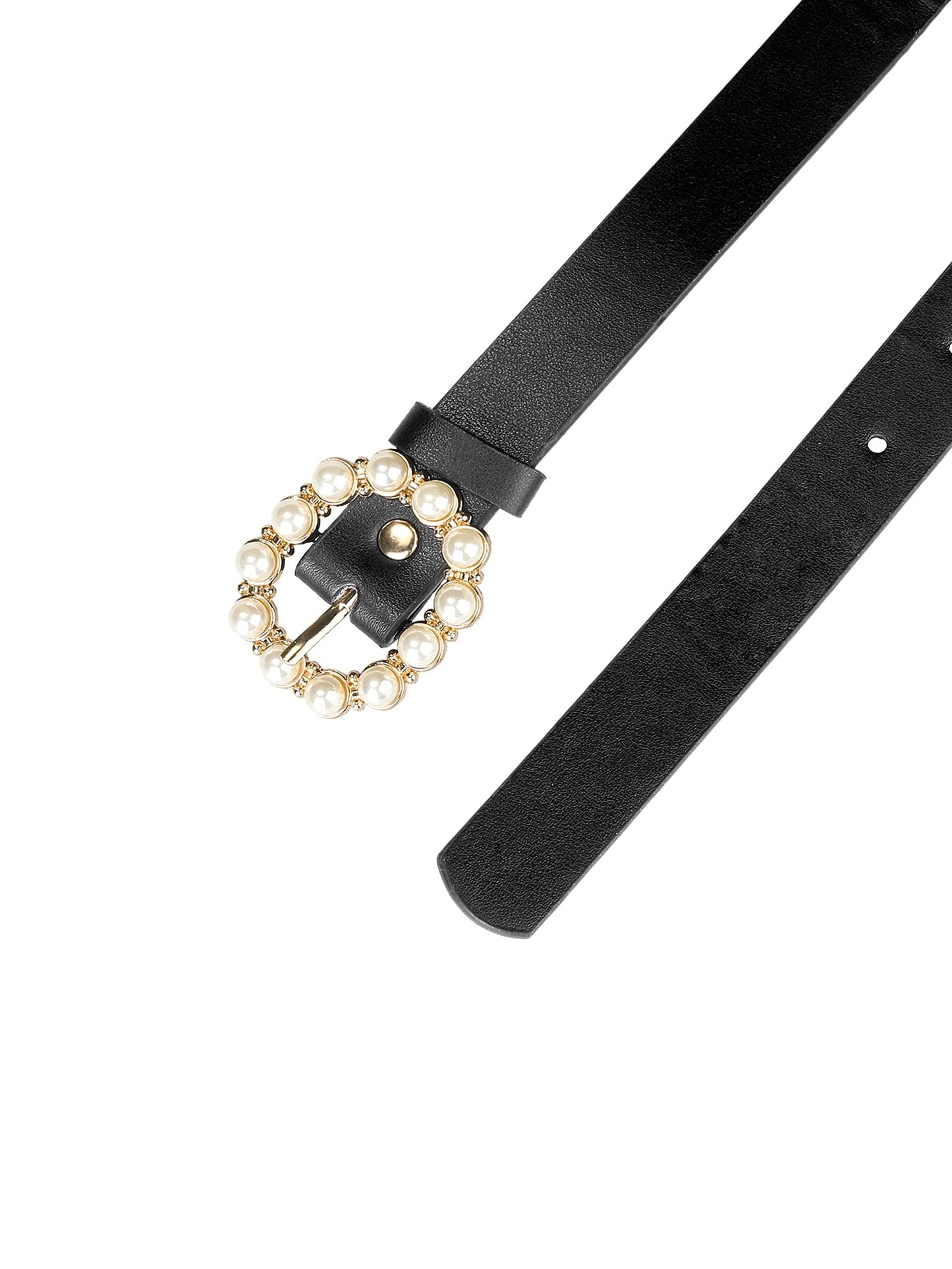Allegra K Womens Pearl Waistband Skinny Leather Adjustable Pin Buckle Belt for Jeans Dresses Pants 75-90cm/29.53"-35.43" Black