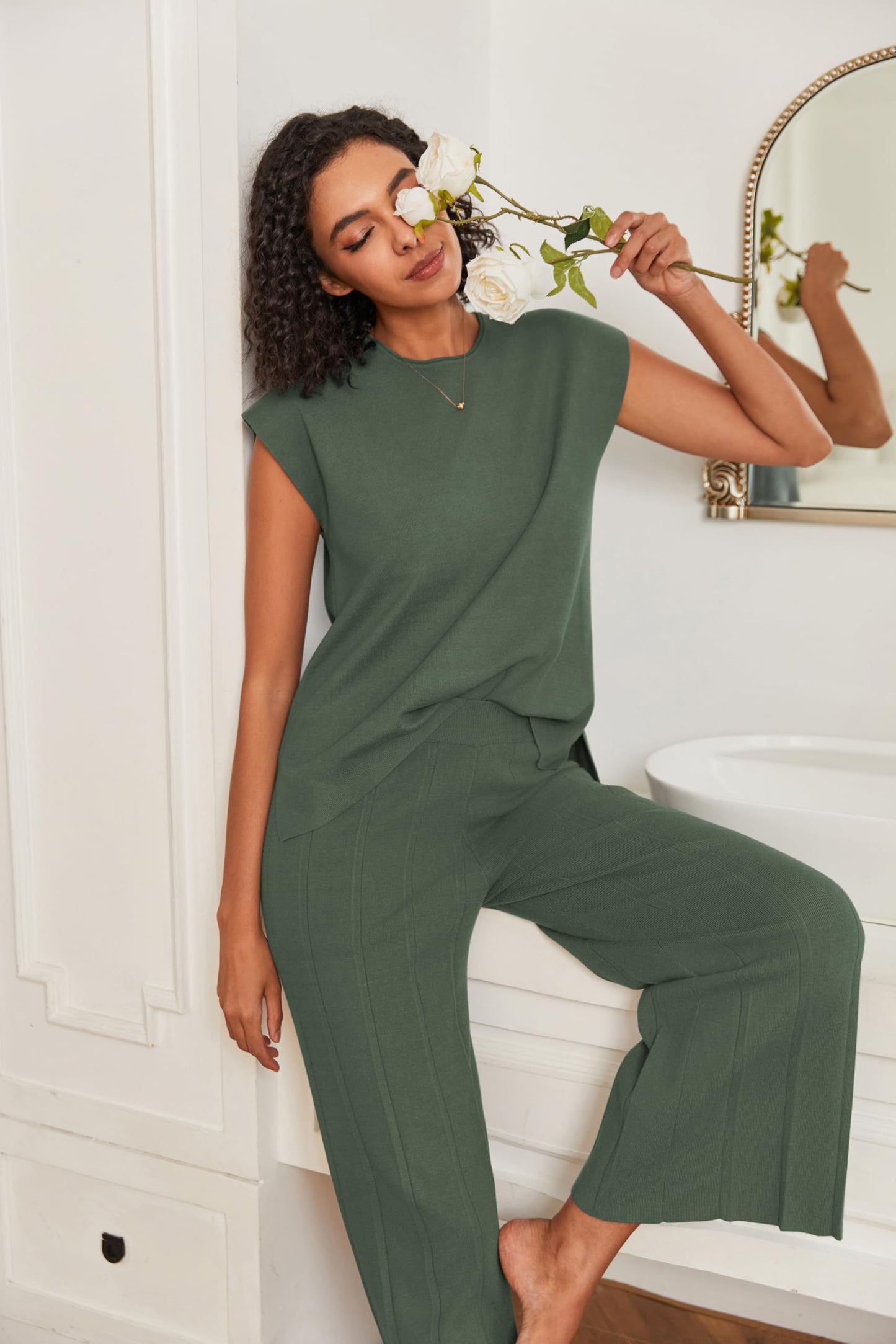 Ekouaer Lounge Sets for Women Two Piece Outfits Knit Cap Sleeve Tops Wide Leg Pleated Pants Casual Dressy Sweater Sets Beige
