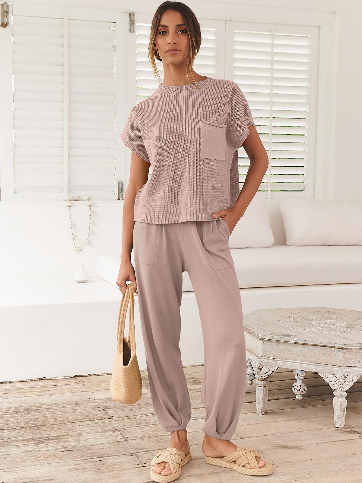 ANRABESS Women's Two Piece Outfits Knit Sweater Vest Crop Top Pants Lounge Matching Tracksuit Sweatsuit Travel Clothes Sets Pink X-Small