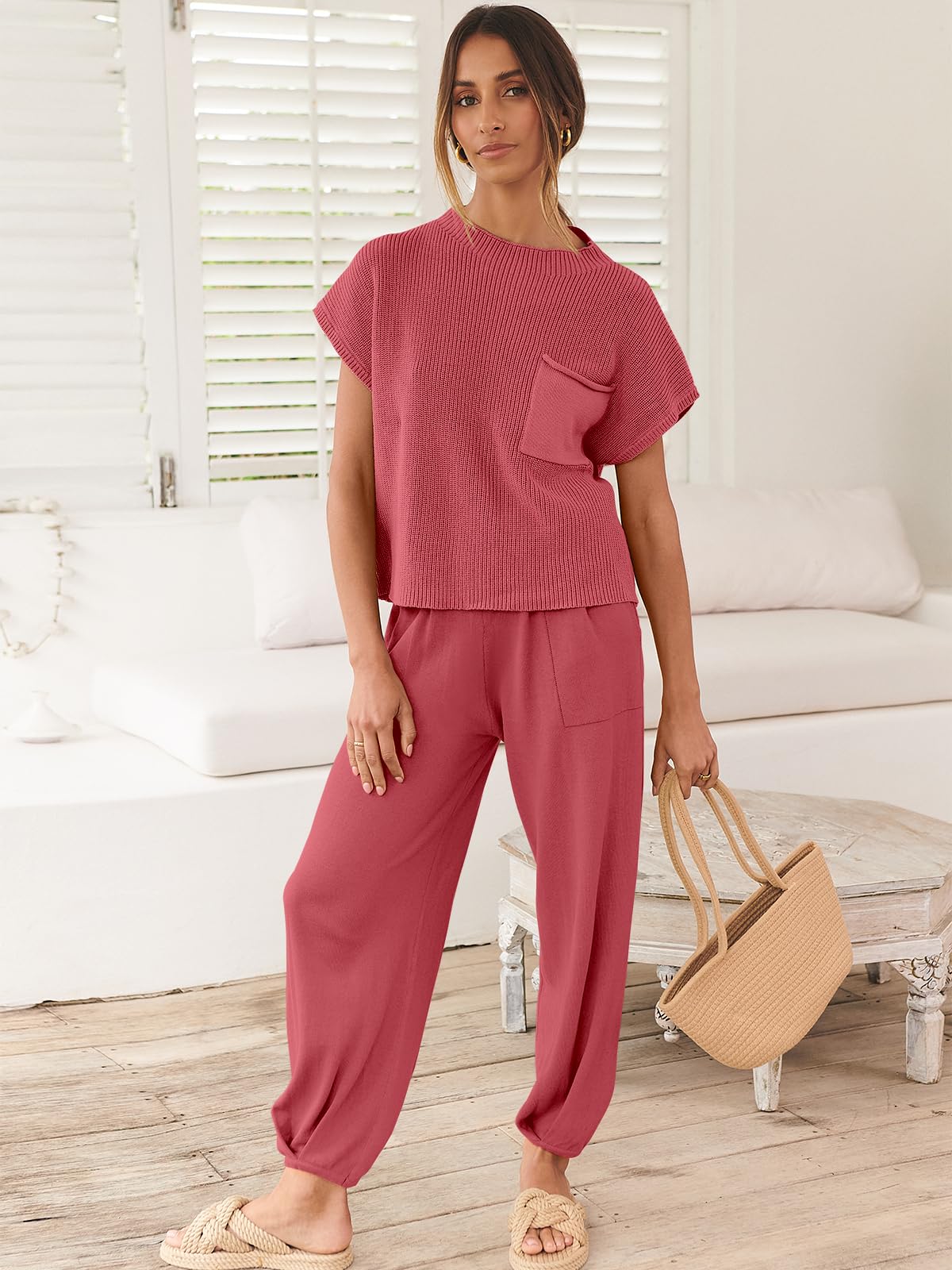 ANRABESS Women's Two Piece Outfits Knit Sweater Vest Crop Top Pants Lounge Matching Tracksuit Sweatsuit Travel Clothes Sets Pink X-Small