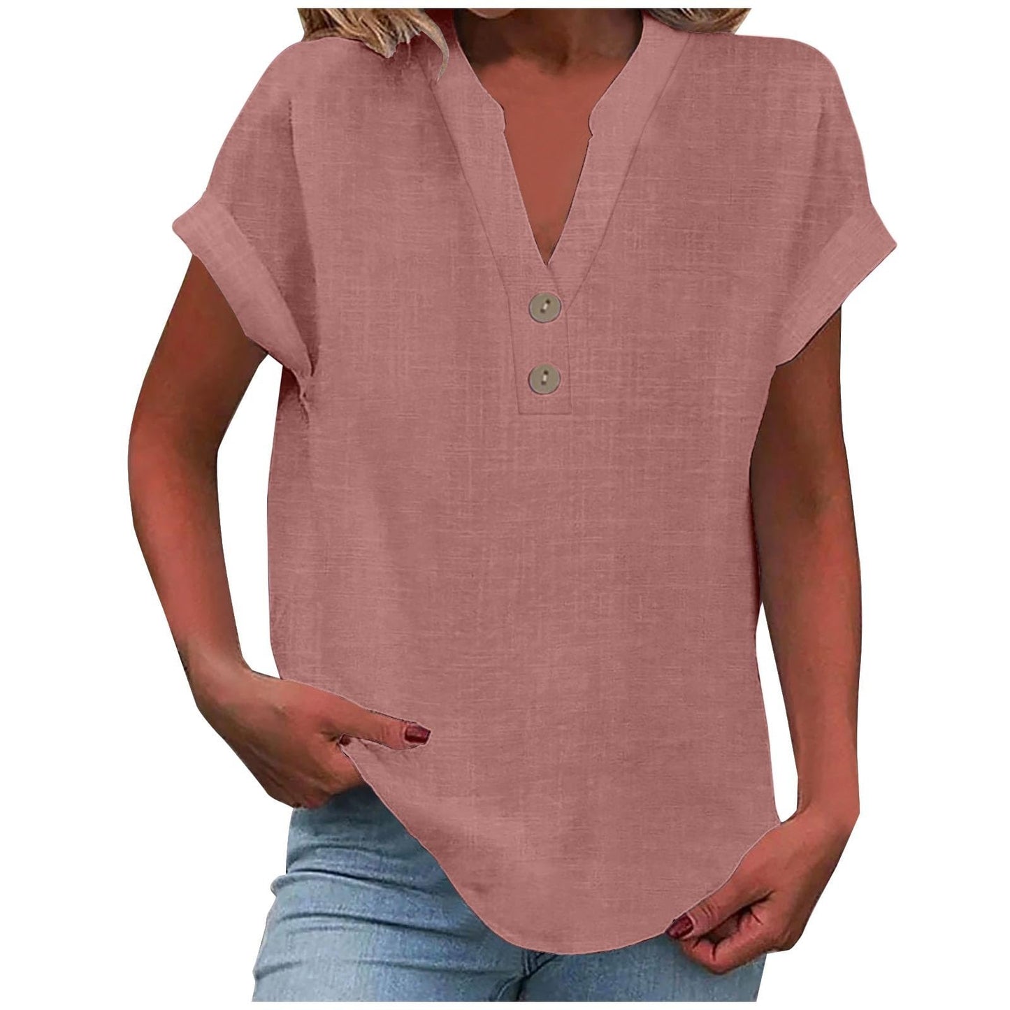 Big Spring Deals Summer Tops for Women 2025 Trendy Short Sleeve Cotton Linen Shirt Casual Button v Neck Tunic Blouses Outfits White Travel Shirts for Women M