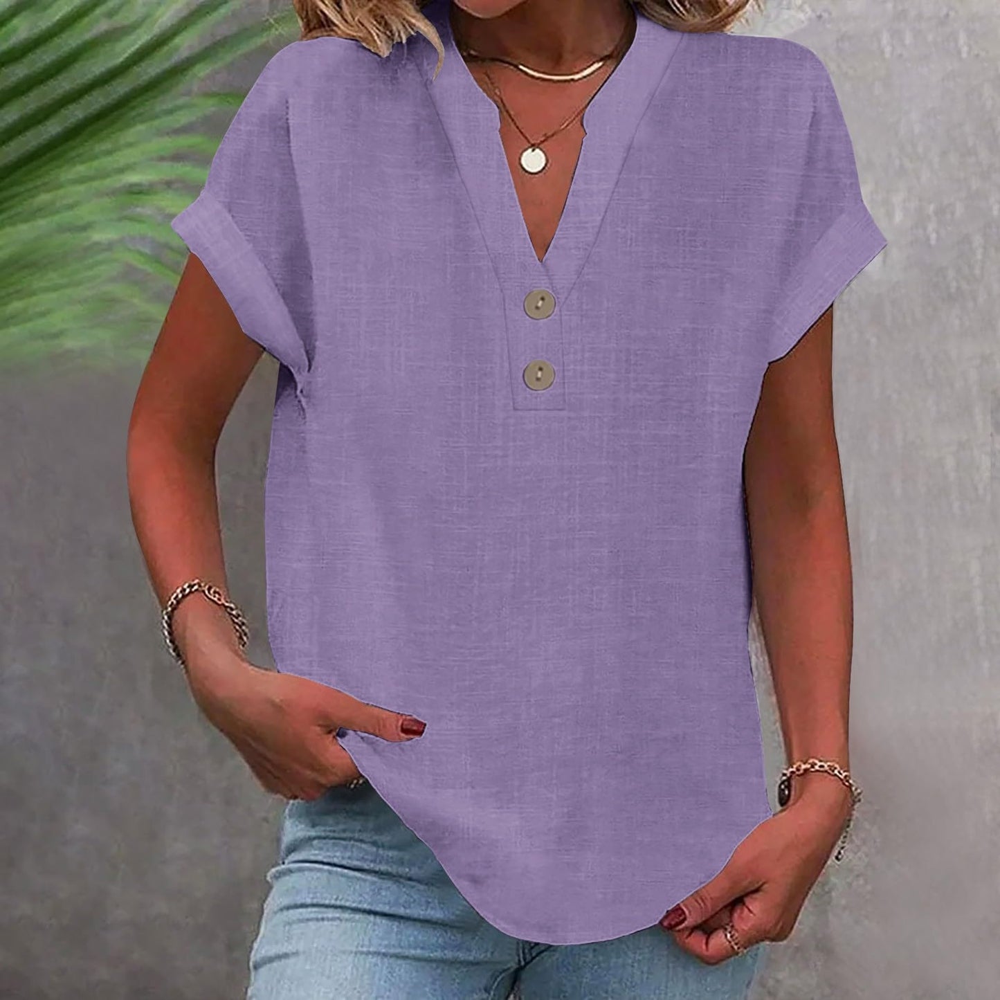 Big Spring Deals Summer Tops for Women 2025 Trendy Short Sleeve Cotton Linen Shirt Casual Button v Neck Tunic Blouses Outfits White Travel Shirts for Women M