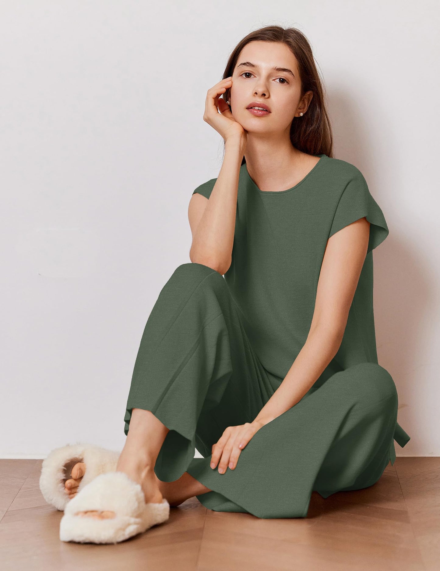 Ekouaer Lounge Sets for Women Two Piece Outfits Knit Cap Sleeve Tops Wide Leg Pleated Pants Casual Dressy Sweater Sets Beige