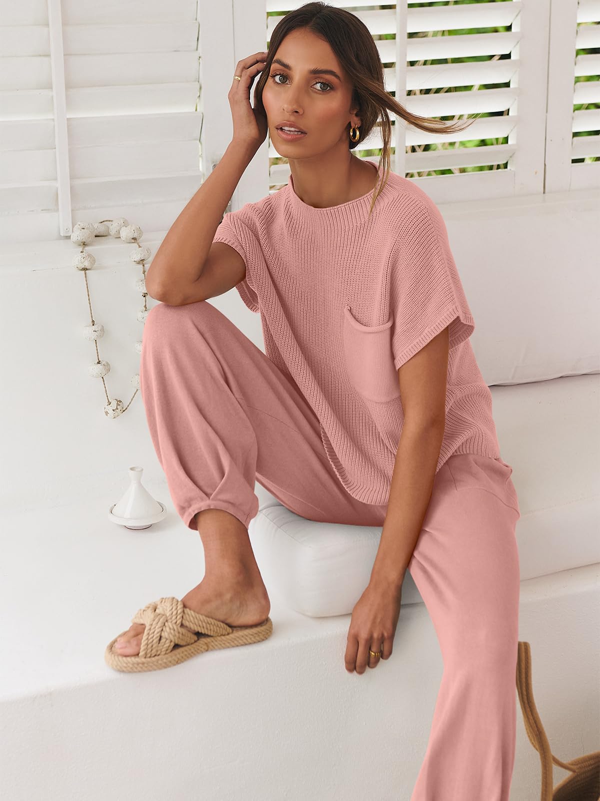 ANRABESS Women's Two Piece Outfits Knit Sweater Vest Crop Top Pants Lounge Matching Tracksuit Sweatsuit Travel Clothes Sets Pink X-Small
