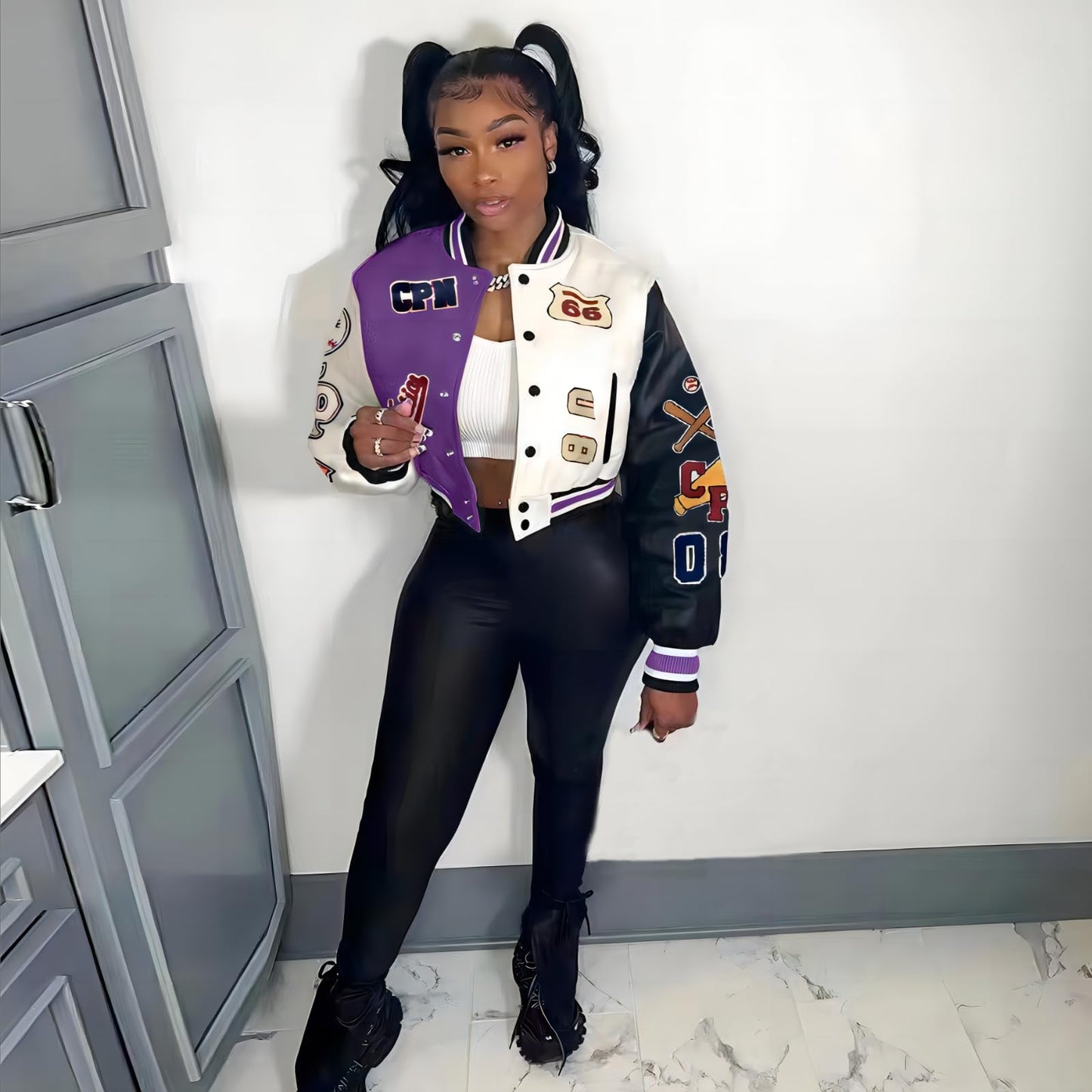Glitrandi Varsity Jacket for Women Jacket with Patches Cropped Bomber Leather Jacket Woman Winter Spring 2025 S-XXL