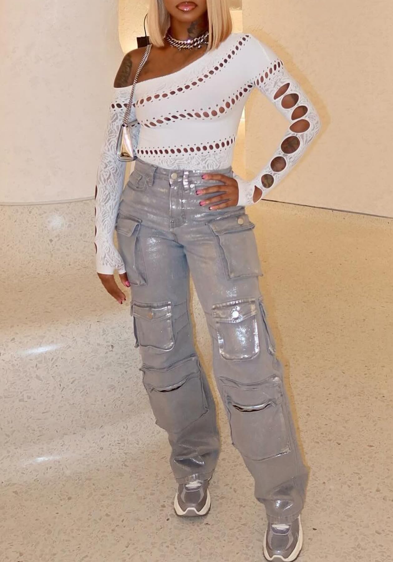 LKOUS Women's Y2K Baggy Straight Wide Leg Cargo Jeans, Streetwear High Waisted Denim Pant Grey