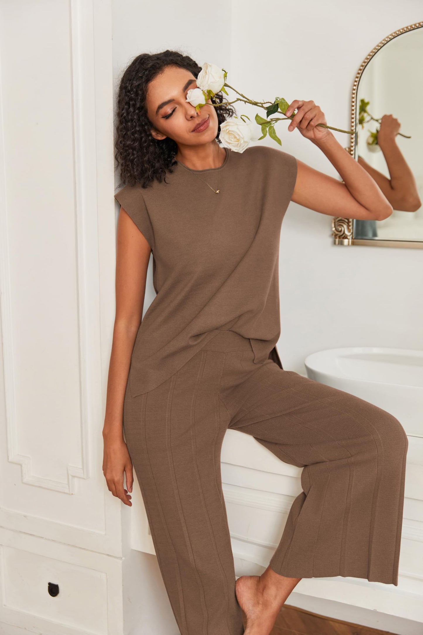 Ekouaer Lounge Sets for Women Two Piece Outfits Knit Cap Sleeve Tops Wide Leg Pleated Pants Casual Dressy Sweater Sets Beige