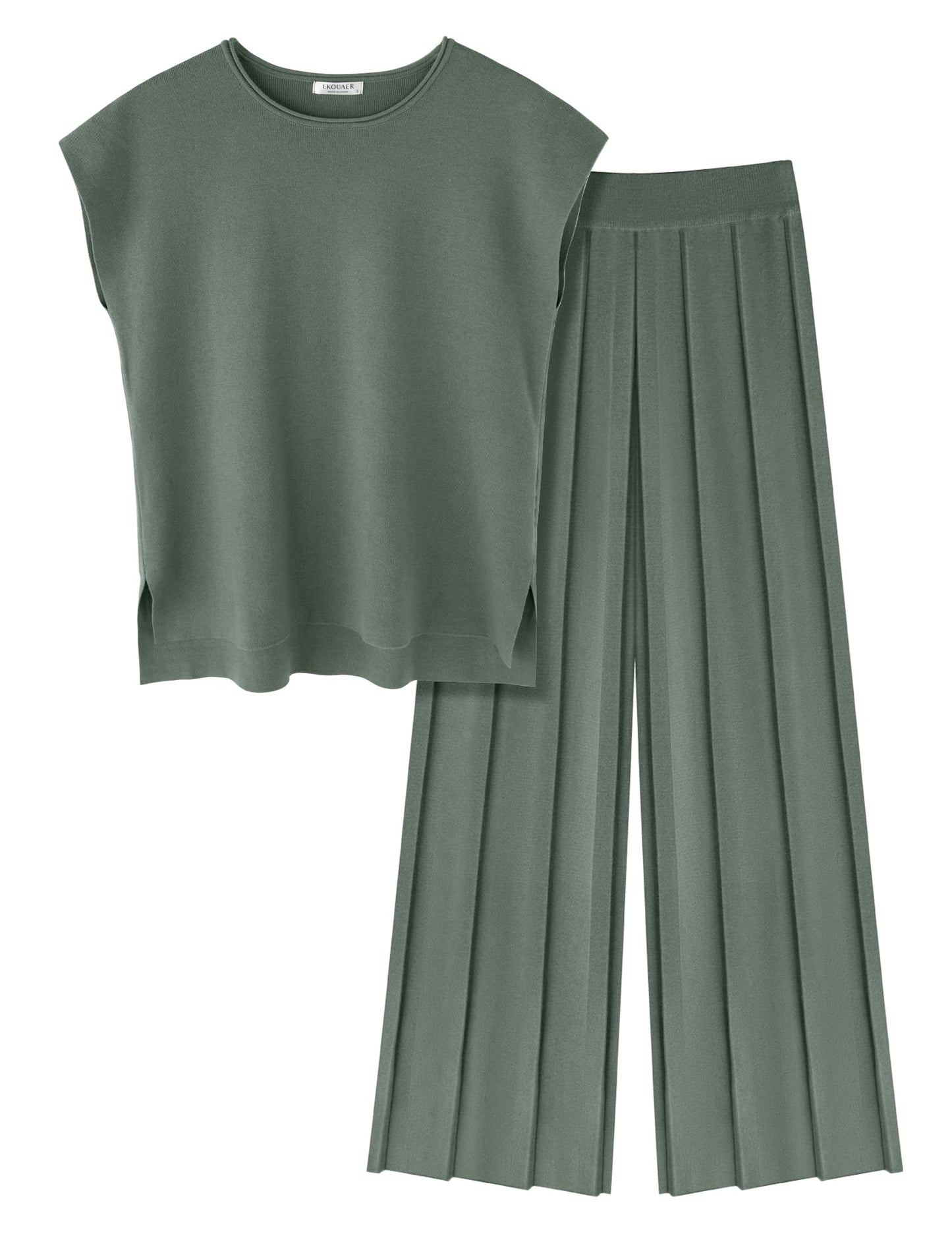 Ekouaer Lounge Sets for Women Two Piece Outfits Knit Cap Sleeve Tops Wide Leg Pleated Pants Casual Dressy Sweater Sets Beige