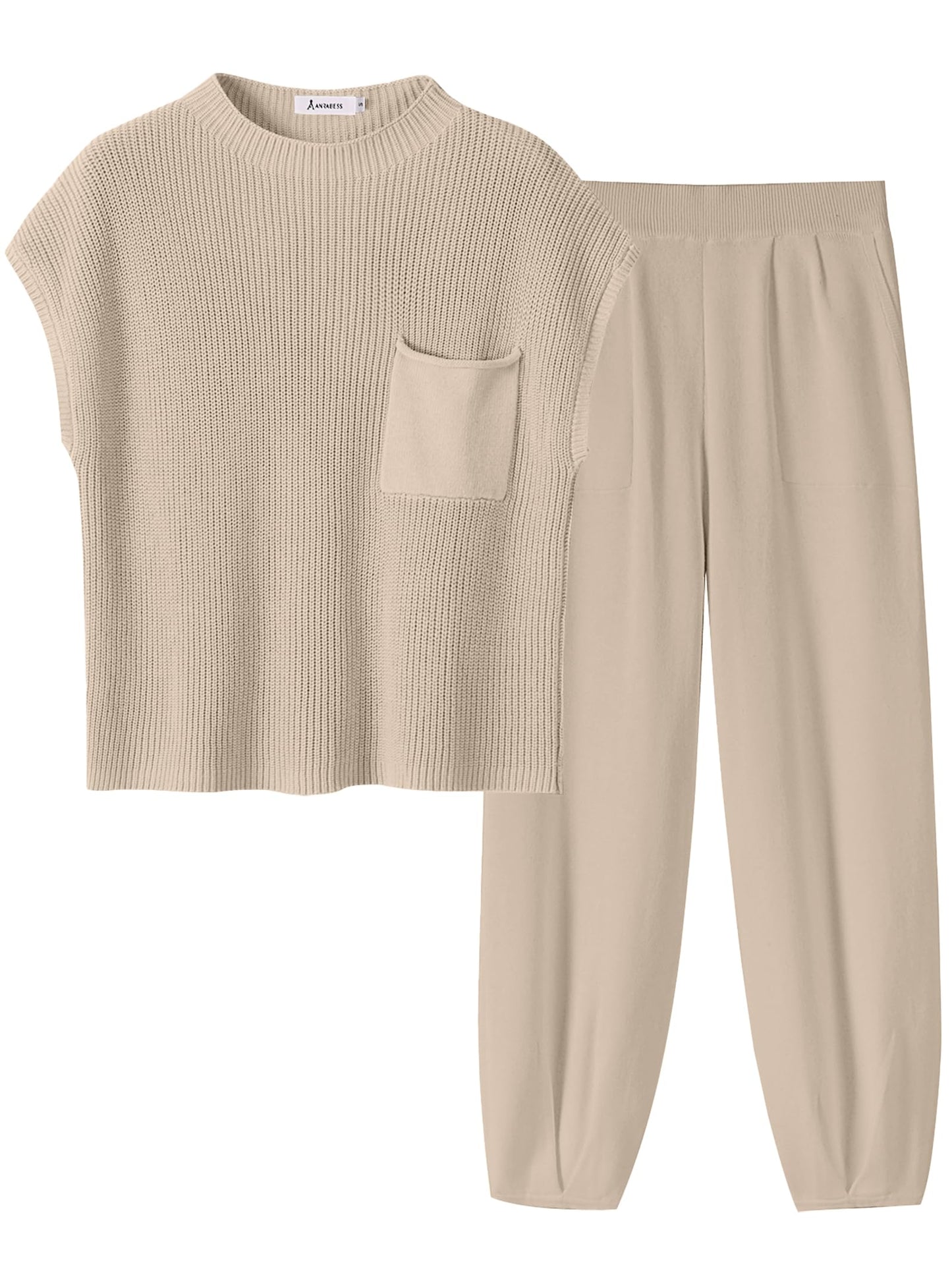 ANRABESS Women's Two Piece Outfits Knit Sweater Vest Crop Top Pants Lounge Matching Tracksuit Sweatsuit Travel Clothes Sets Pink X-Small