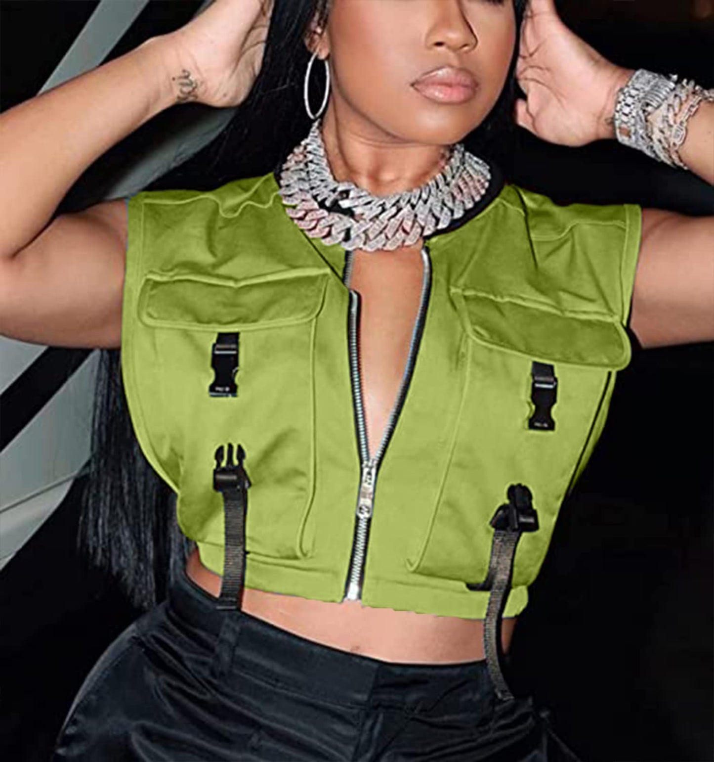 Bnigung Women's Sexy Crop Cargo Vest Sleeveless Buckle Zip Up Vest Jacket Tops Steampunk Streetwear with Pockets(Khaki,XL)