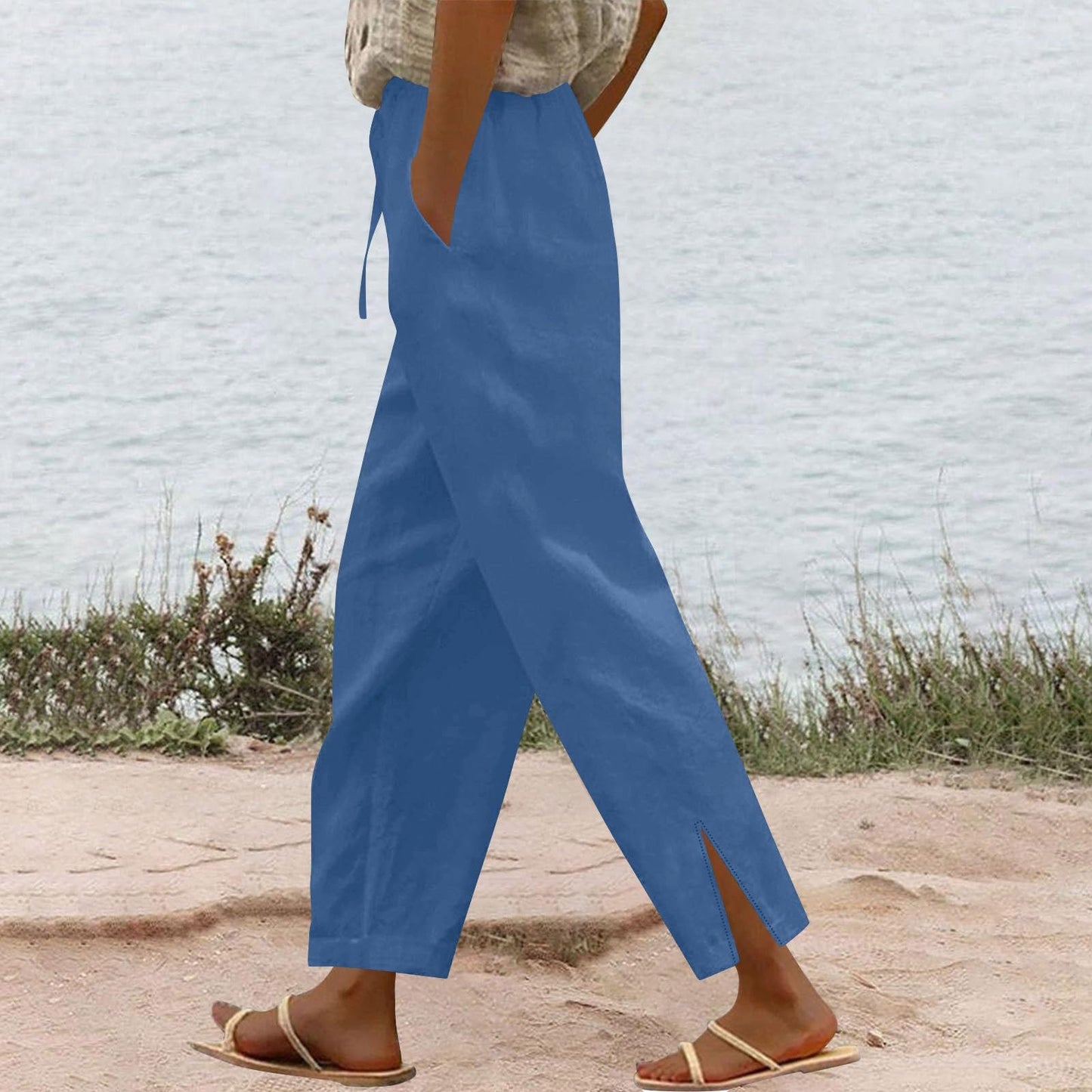 Womens Summer Pants Lightweight Casual Cotton Linen Pants for Women 2025 Summer Gauze Drawstring High Waisted Wide Leg Trousers Beach Vacation Clothes White XL