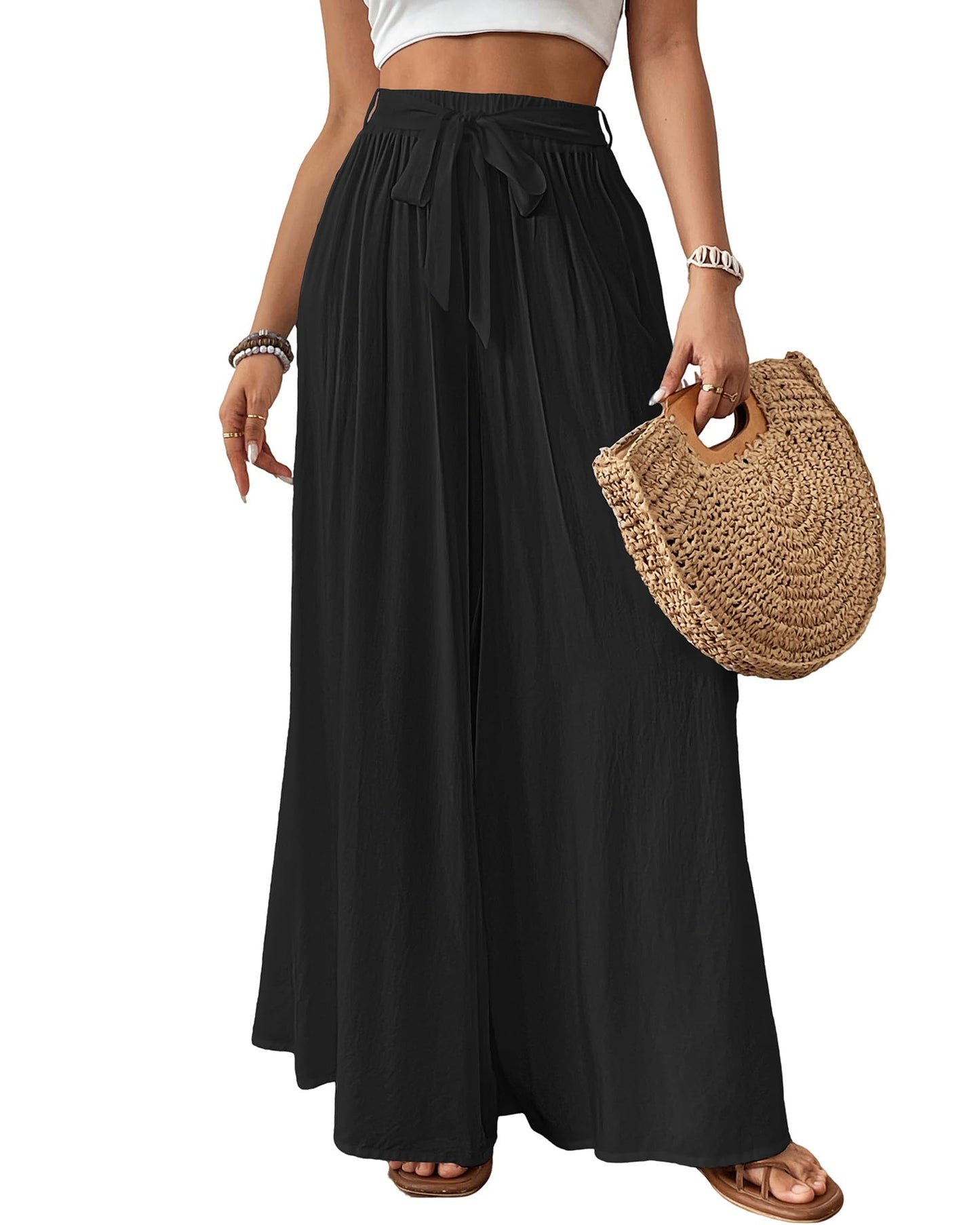 Bsubseach Wide Leg Pants Woman Flowy Floral Palazzo Pants for Women High Waisted Summer Casual Trousers Cruise Outfits Dark Green XS