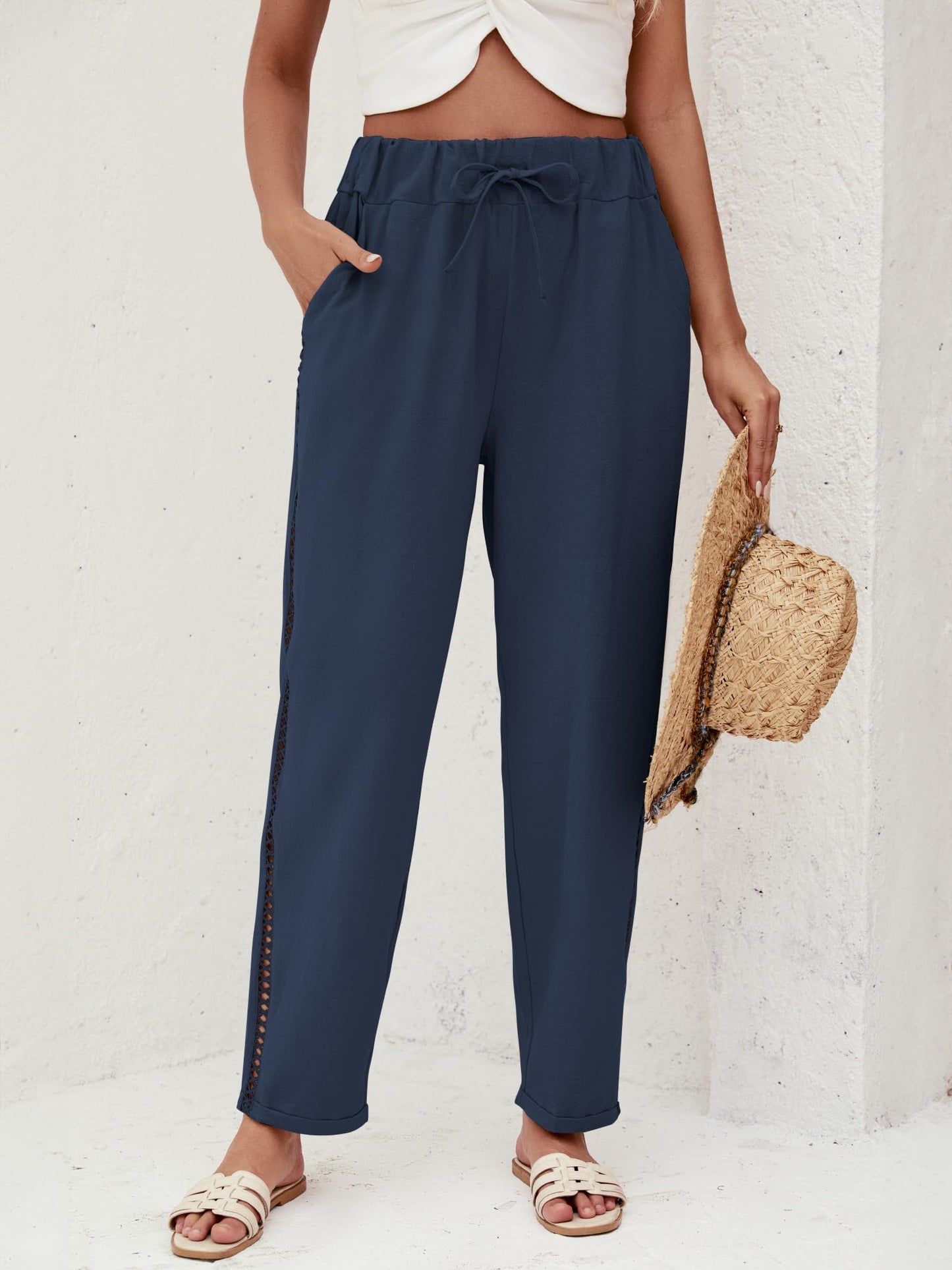 Puimentiua Women's Linen Capri Pants with Drawstring Petite Summer Beachwear Lightweight Elastic Waist Pants, Light Khaki, L