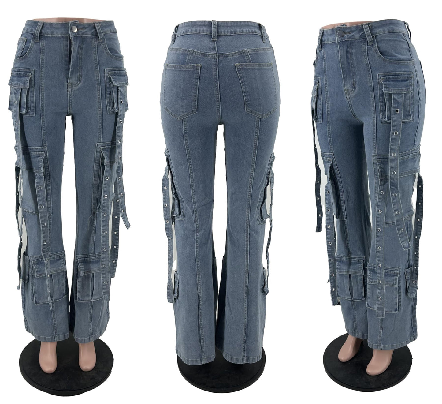 Vakkest Sexy High Waisted Skinny Jeans for Women Bodycon Crossover Stretchy Denim Cargo Pants Streetwear with Pockets