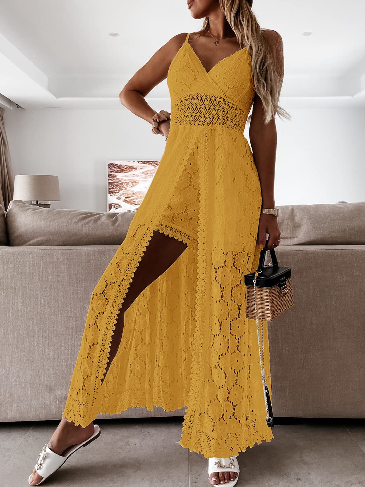 CUPSHE Women's Summer Women Slip Ruching Smocking Jumpsuit Dress V Neck Speghetti Straps Backless Maxi High Low