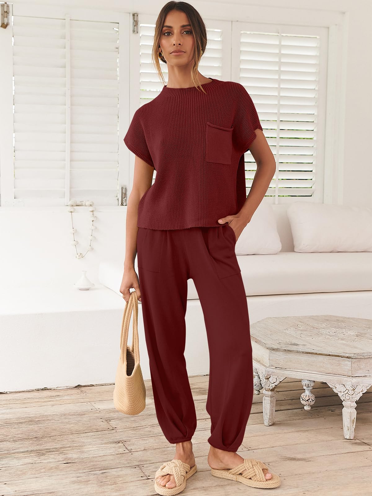 ANRABESS Women's Two Piece Outfits Knit Sweater Vest Crop Top Pants Lounge Matching Tracksuit Sweatsuit Travel Clothes Sets Pink X-Small