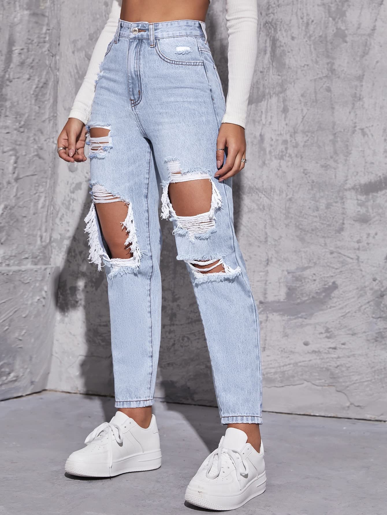 Floerns Women's High Waist Boyfriend Straight Leg Ripped Jeans Distressed Denim Pants Light Blue Large
