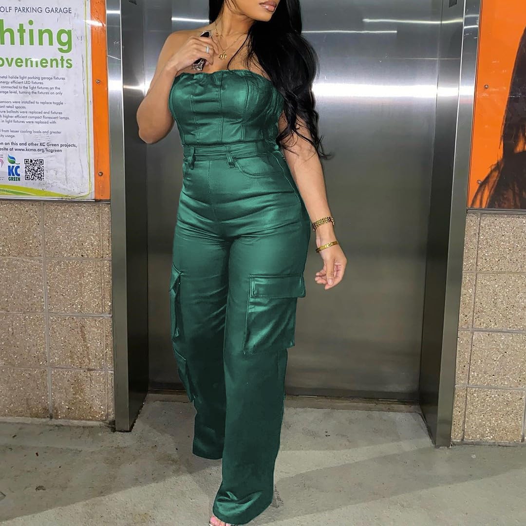 REASERAL Womens PU Leather Jumpsuit Sexy Off the Shoulder Top Tight Waist Cargo Pants Bodysuit