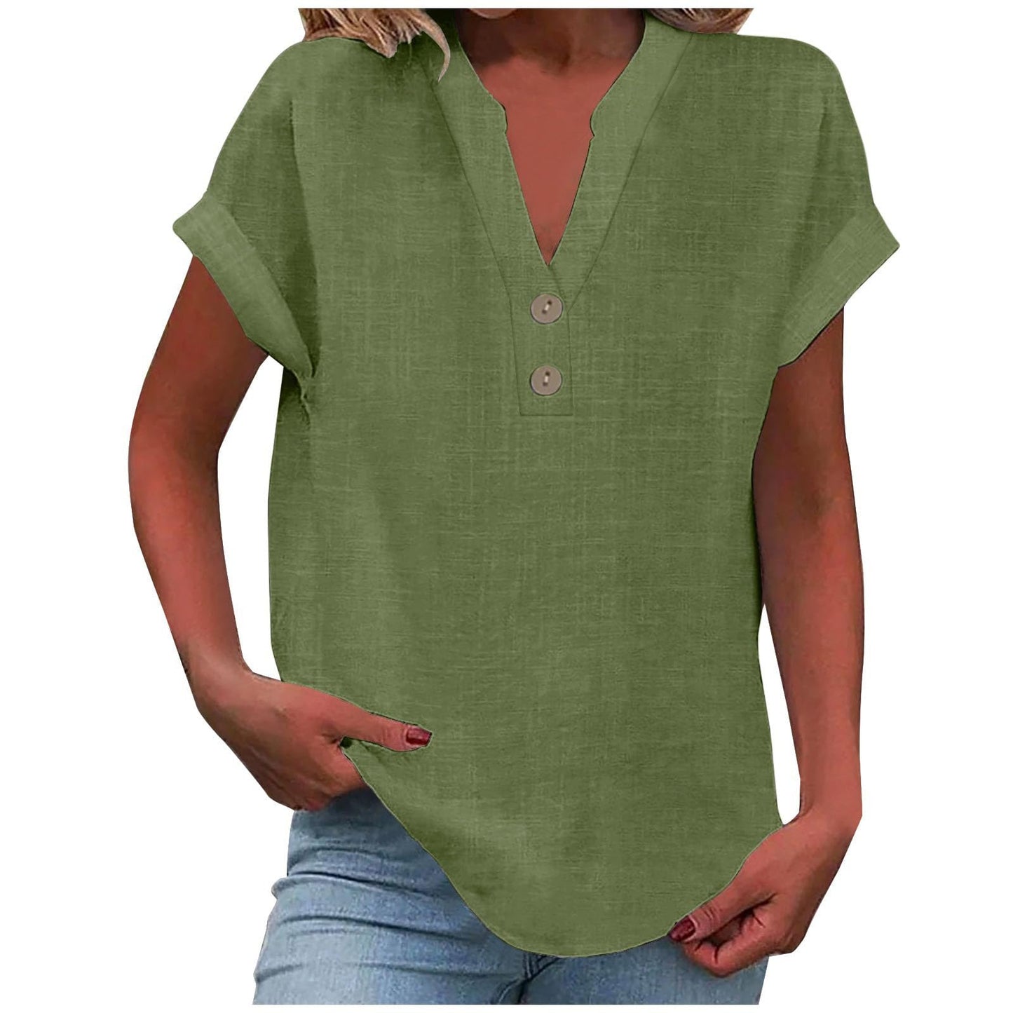 Big Spring Deals Summer Tops for Women 2025 Trendy Short Sleeve Cotton Linen Shirt Casual Button v Neck Tunic Blouses Outfits White Travel Shirts for Women M