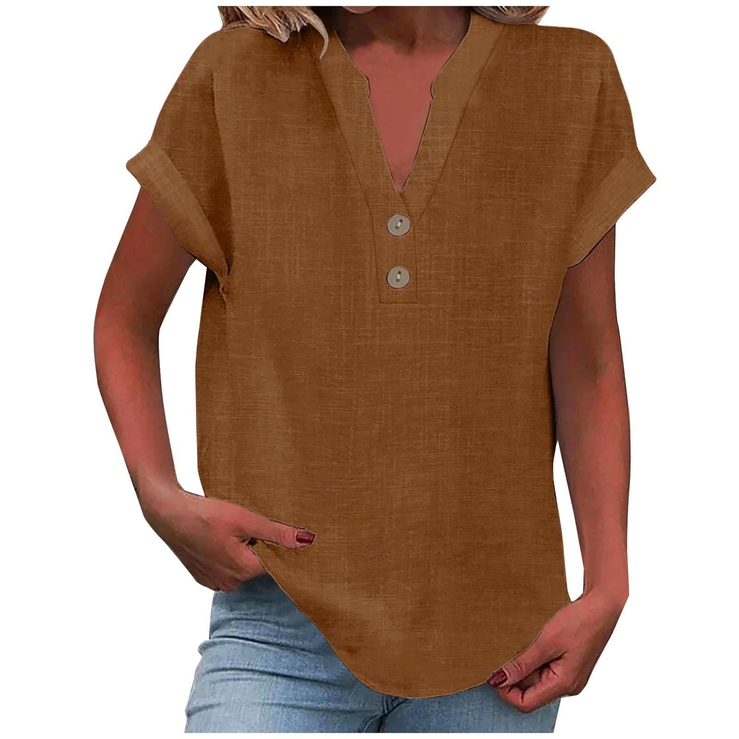 Big Spring Deals Summer Tops for Women 2025 Trendy Short Sleeve Cotton Linen Shirt Casual Button v Neck Tunic Blouses Outfits White Travel Shirts for Women M