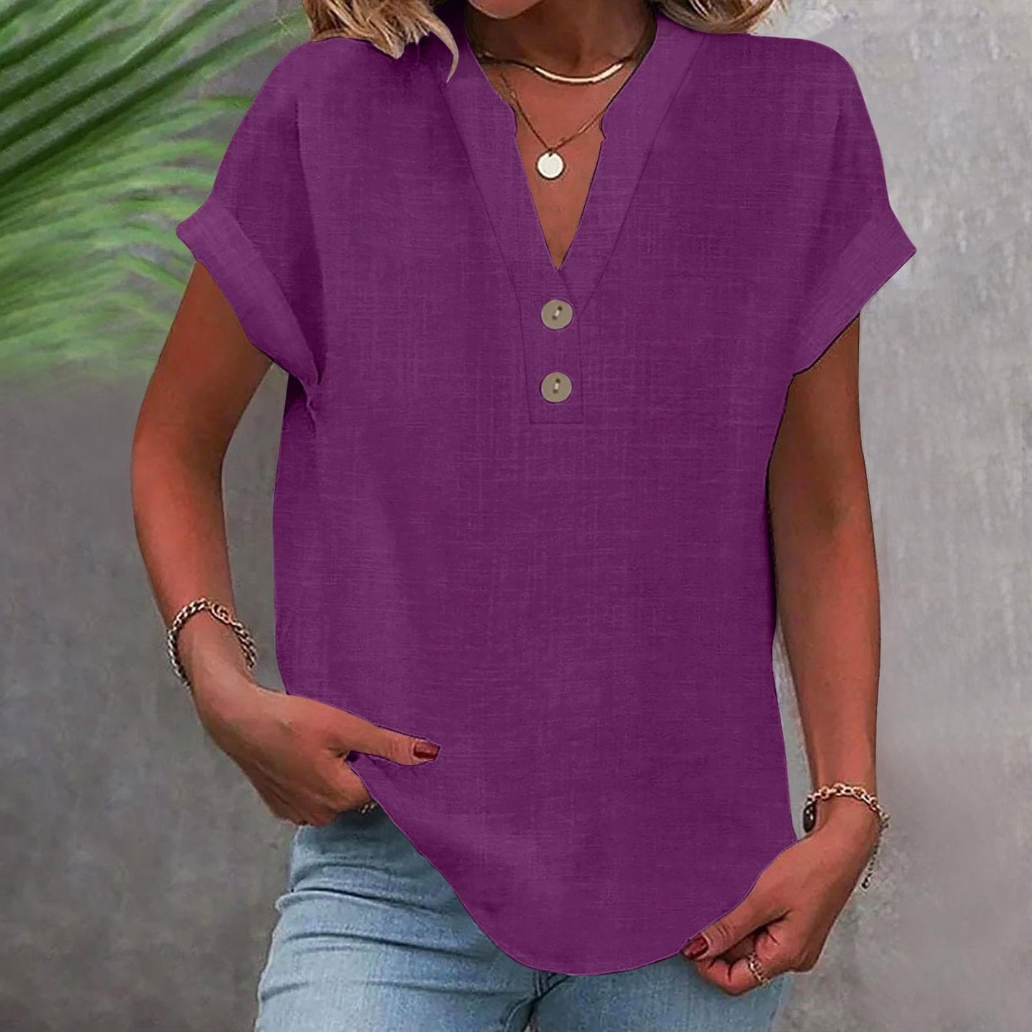 Big Spring Deals Summer Tops for Women 2025 Trendy Short Sleeve Cotton Linen Shirt Casual Button v Neck Tunic Blouses Outfits White Travel Shirts for Women M