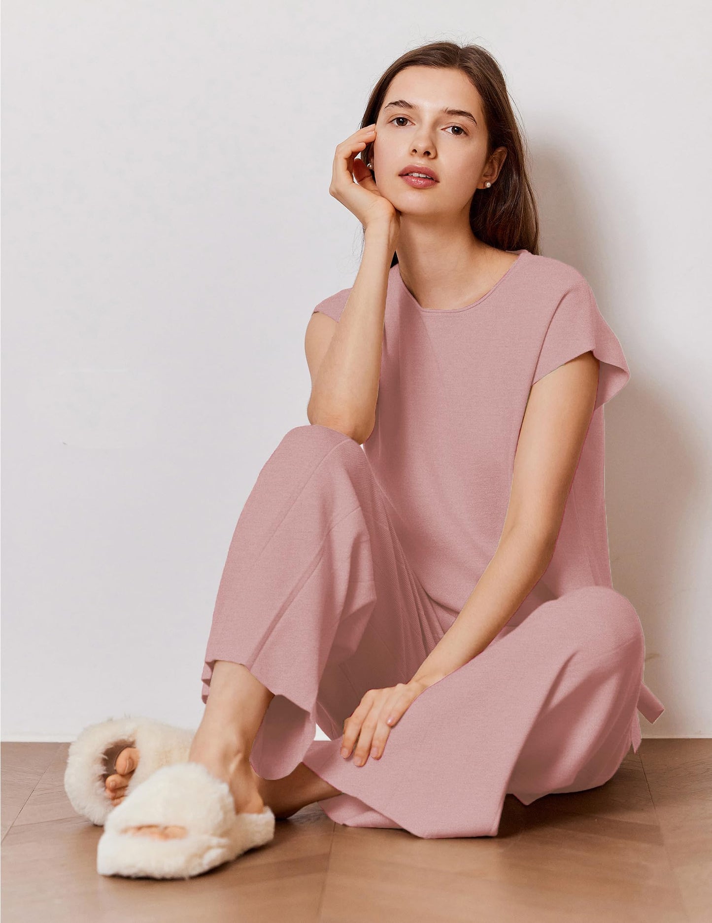 Ekouaer Lounge Sets for Women Two Piece Outfits Knit Cap Sleeve Tops Wide Leg Pleated Pants Casual Dressy Sweater Sets Beige