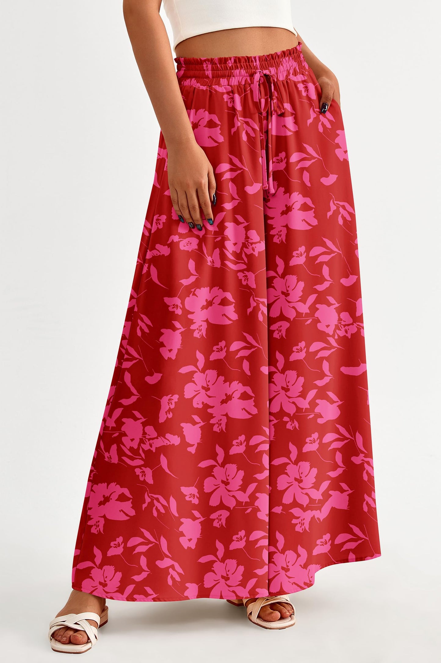 PRETTYGARDEN Women's 2025 Summer Wide Leg Palazzo Pants High Waisted Flowy Pockets Trendy Casual Lounge Boho Beach Trousers (Print Black,Small)
