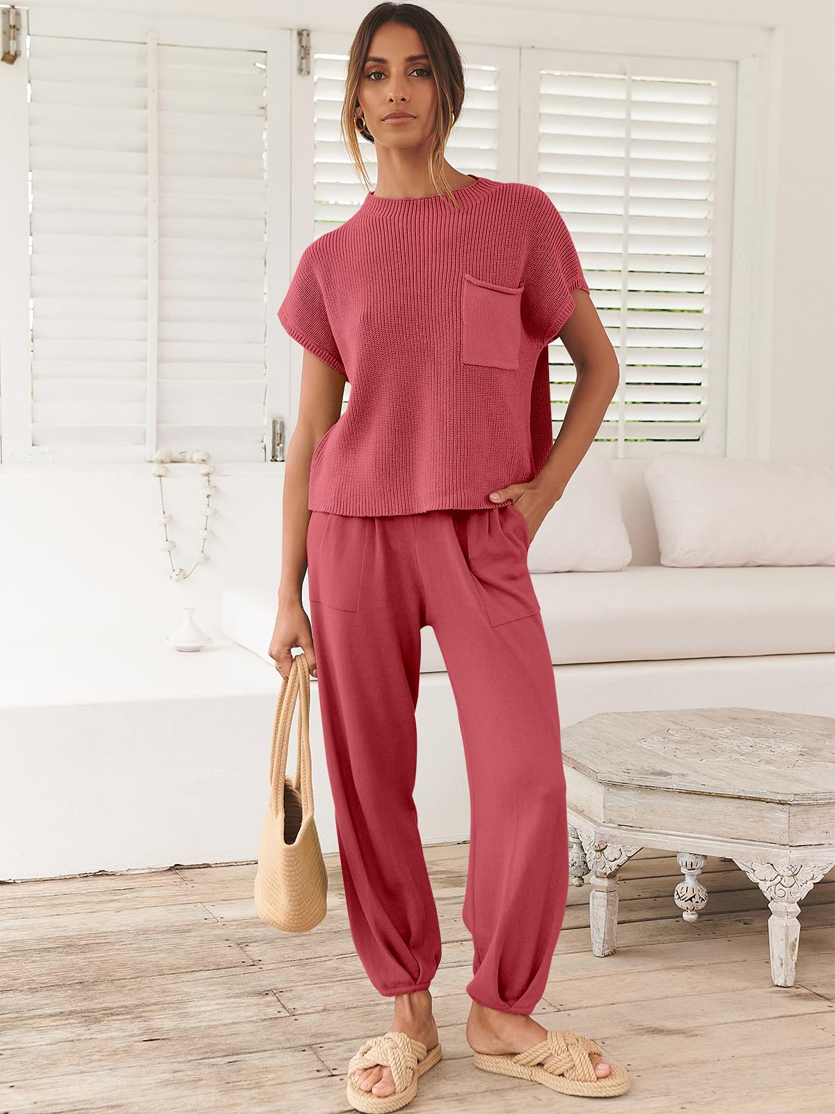 ANRABESS Women's Two Piece Outfits Knit Sweater Vest Crop Top Pants Lounge Matching Tracksuit Sweatsuit Travel Clothes Sets Pink X-Small