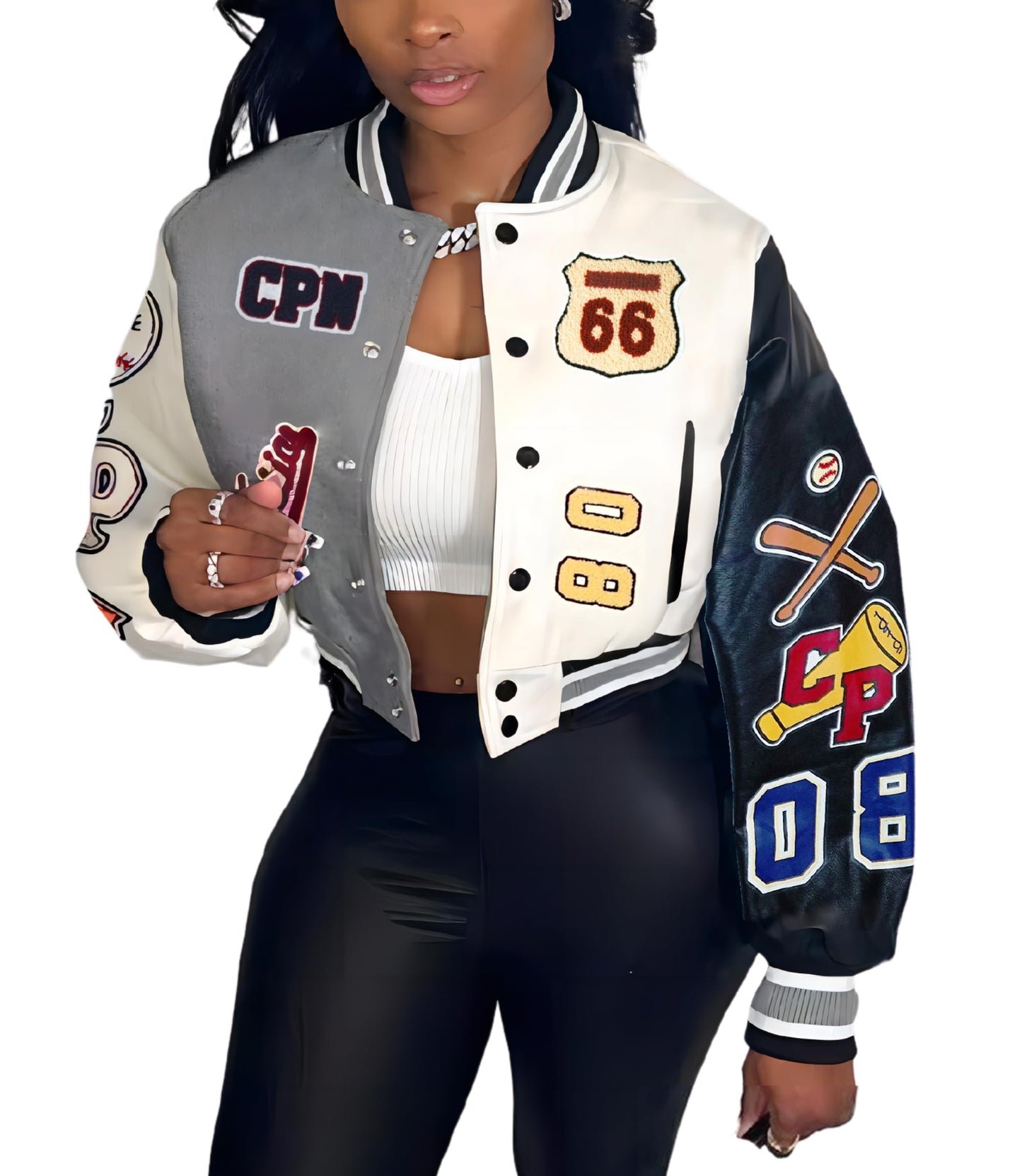 Glitrandi Varsity Jacket for Women Jacket with Patches Cropped Bomber Leather Jacket Woman Winter Spring 2025 S-XXL