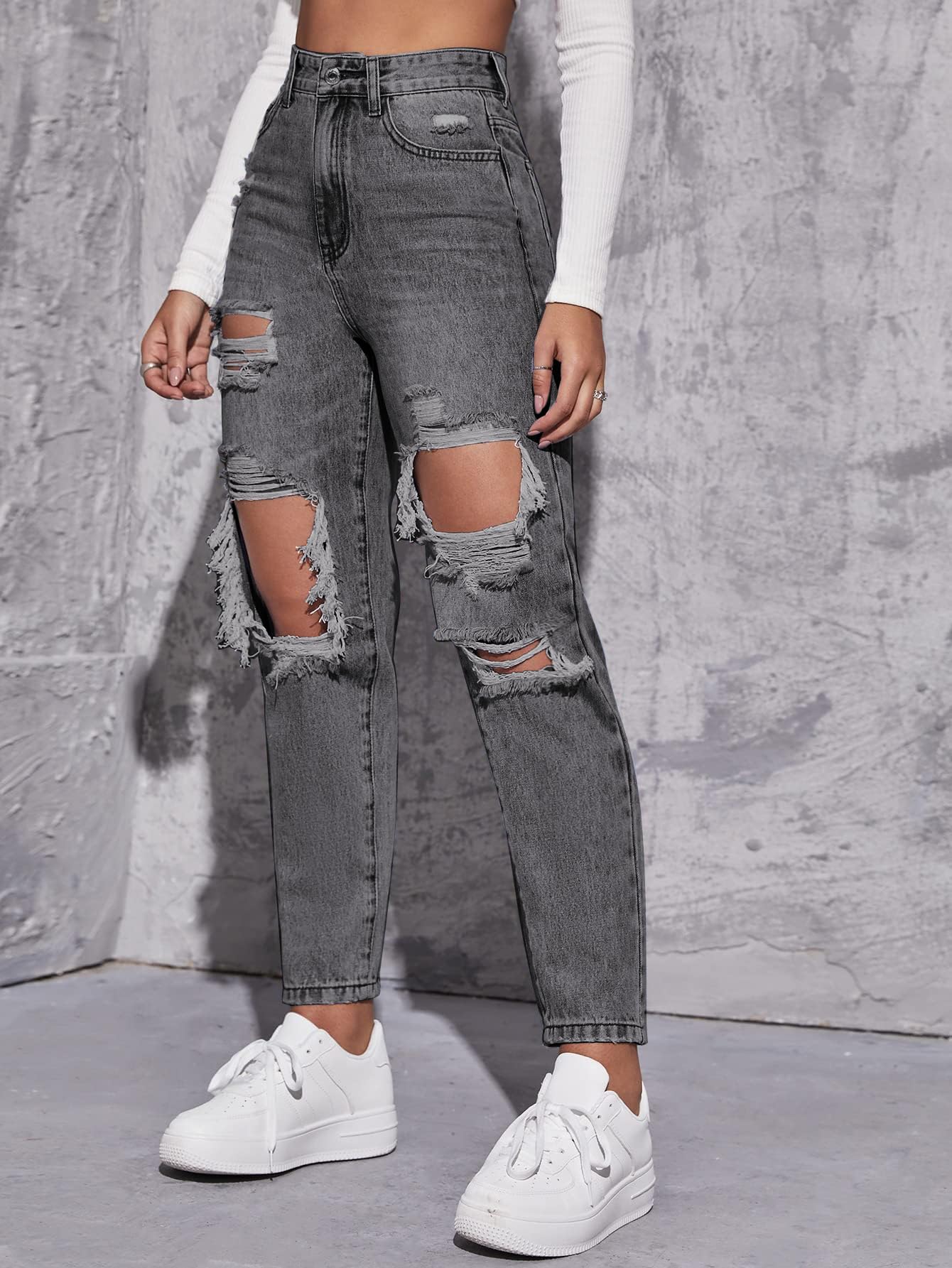 Floerns Women's High Waist Boyfriend Straight Leg Ripped Jeans Distressed Denim Pants Light Blue Large