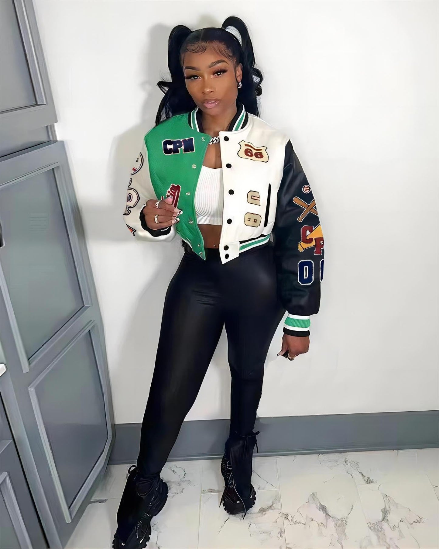 Glitrandi Varsity Jacket for Women Jacket with Patches Cropped Bomber Leather Jacket Woman Winter Spring 2025 S-XXL
