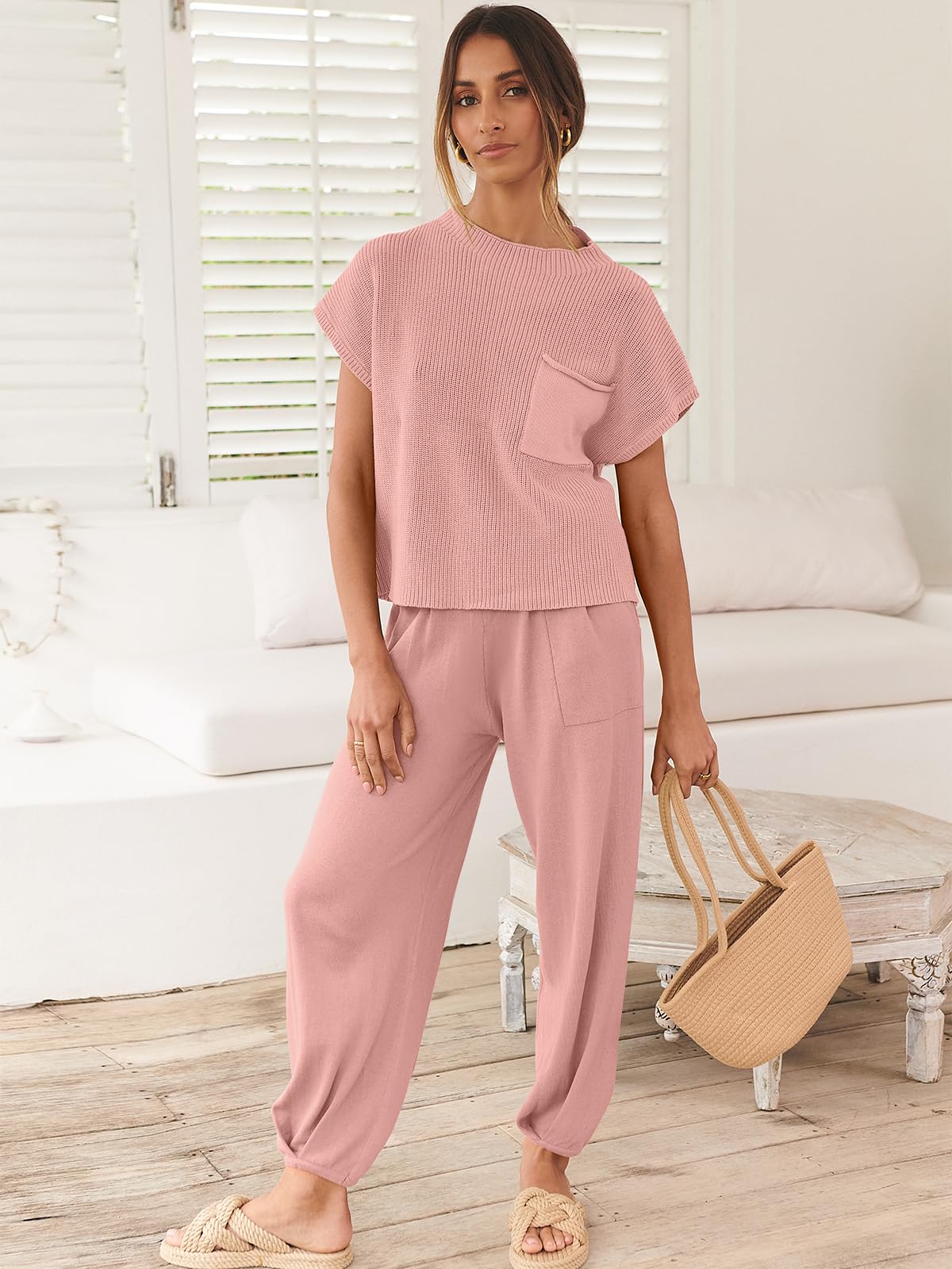 ANRABESS Women's Two Piece Outfits Knit Sweater Vest Crop Top Pants Lounge Matching Tracksuit Sweatsuit Travel Clothes Sets Pink X-Small