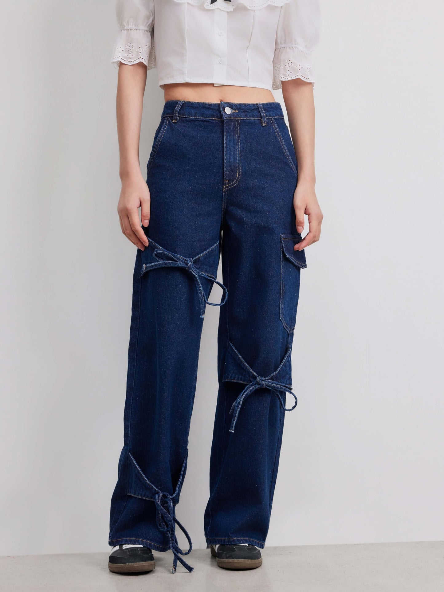 CIDER Baggy Jeans for Women Low Waisted Wide Straight Leg Bow Jeans Denim Pants Beige