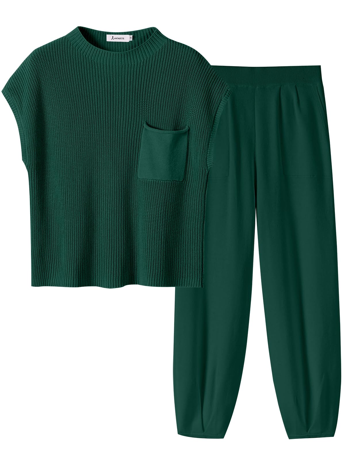 ANRABESS Women's Two Piece Outfits Knit Sweater Vest Crop Top Pants Lounge Matching Tracksuit Sweatsuit Travel Clothes Sets Pink X-Small