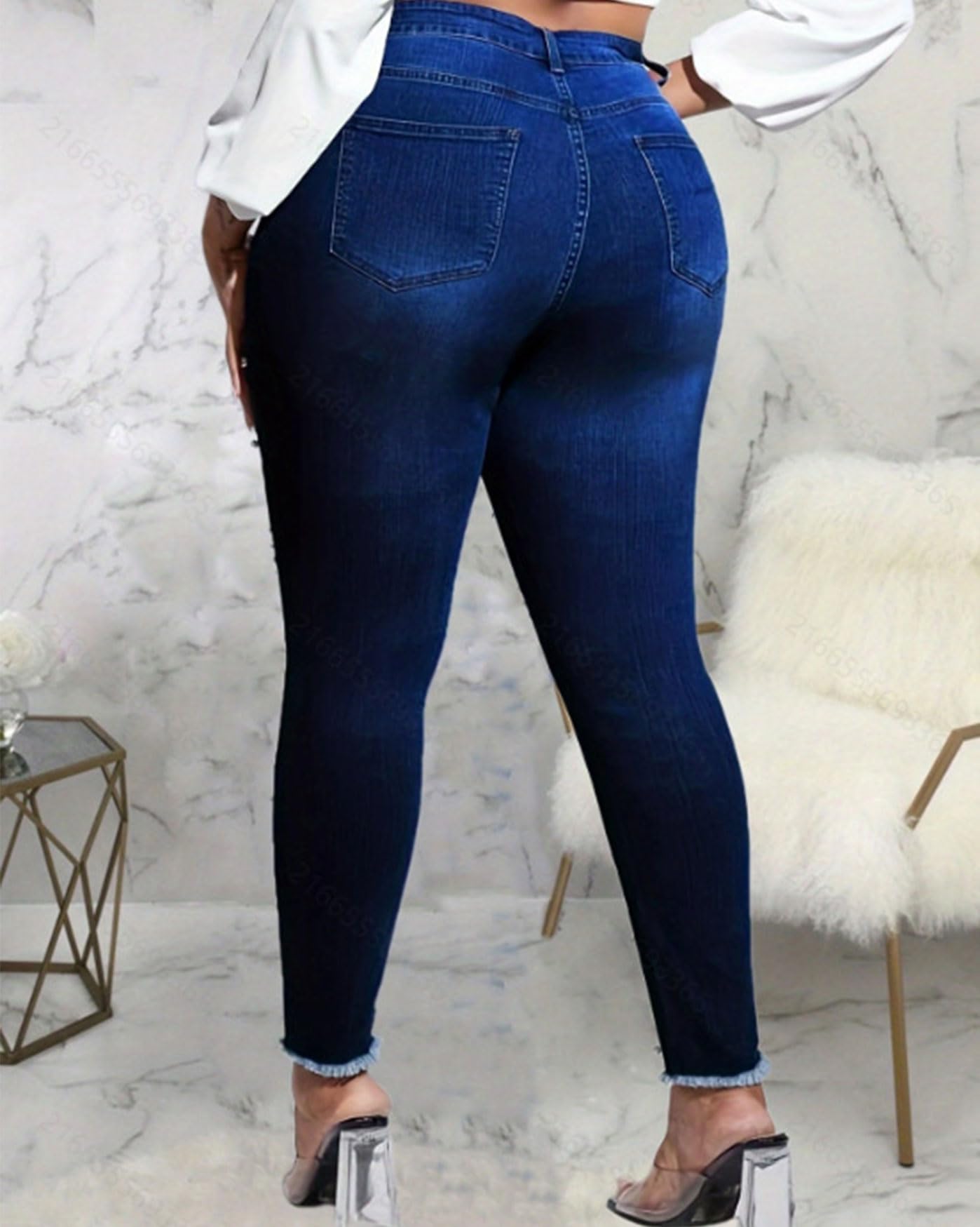 Cyparel Women's Rhinestone Jeans High Waist Pearls Beaded Fringe Tassels Frayed Butt Lifting Stretch Skinny Denim Pants Light Blue