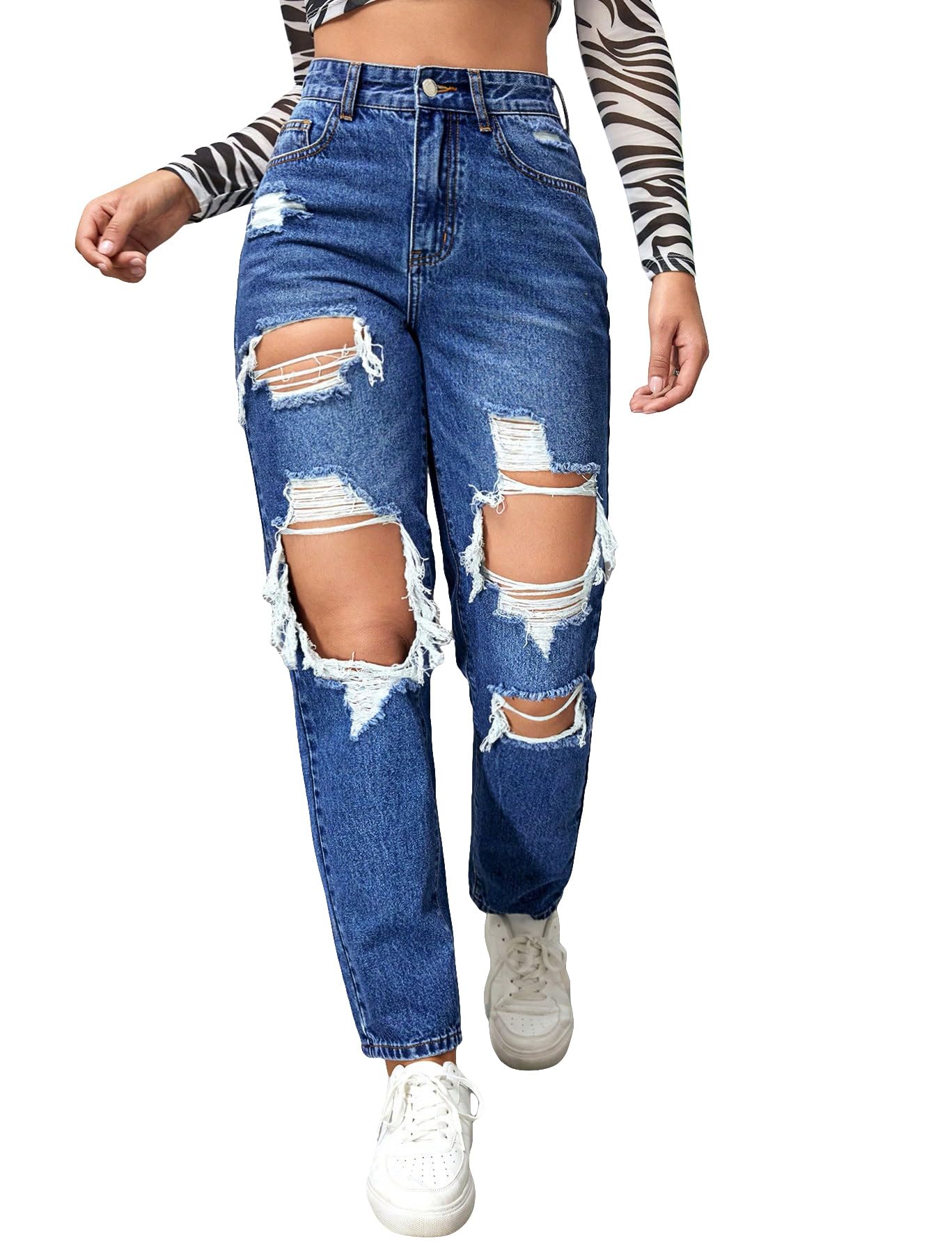 Floerns Women's High Waist Boyfriend Straight Leg Ripped Jeans Distressed Denim Pants Light Blue Large