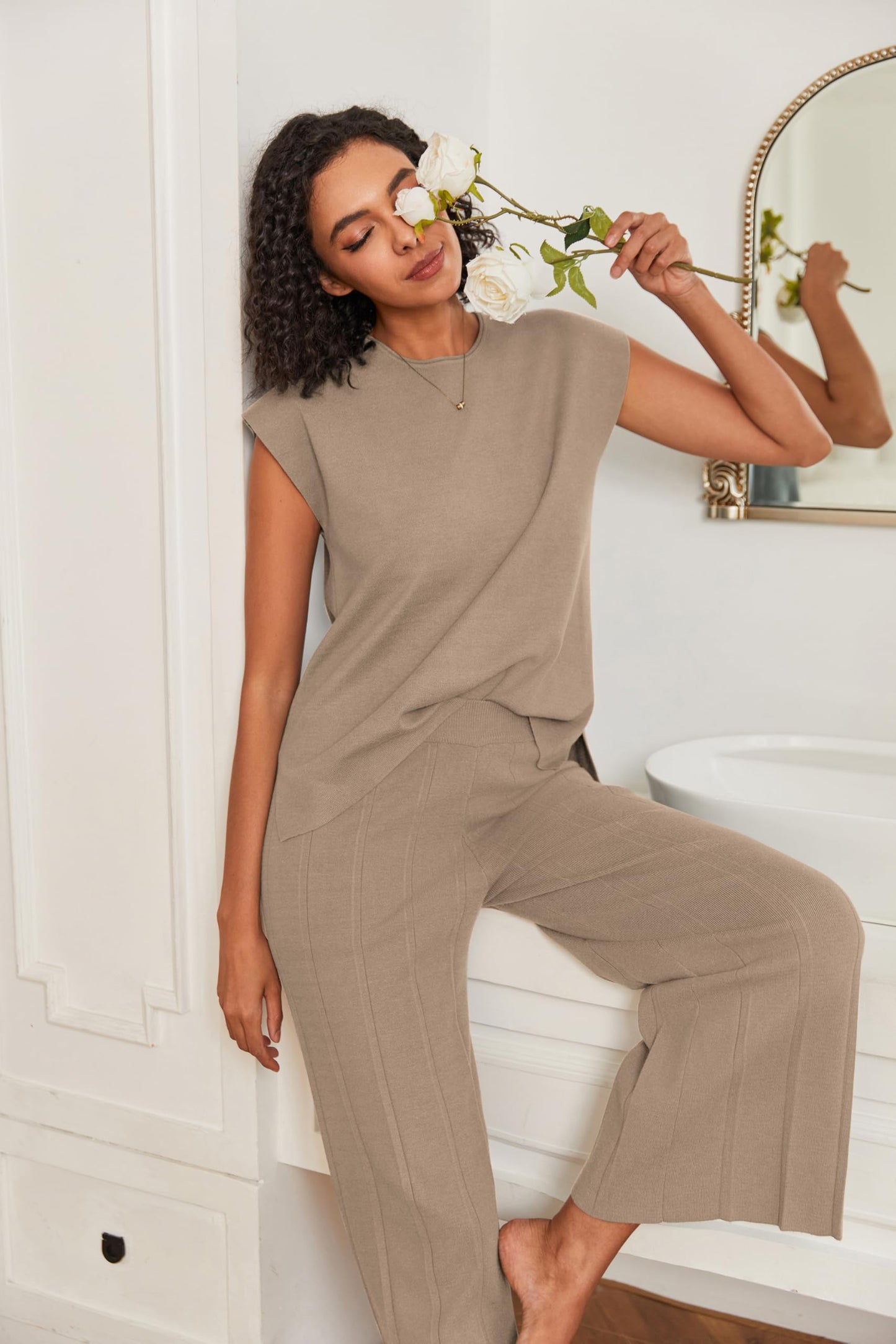 Ekouaer Lounge Sets for Women Two Piece Outfits Knit Cap Sleeve Tops Wide Leg Pleated Pants Casual Dressy Sweater Sets Beige