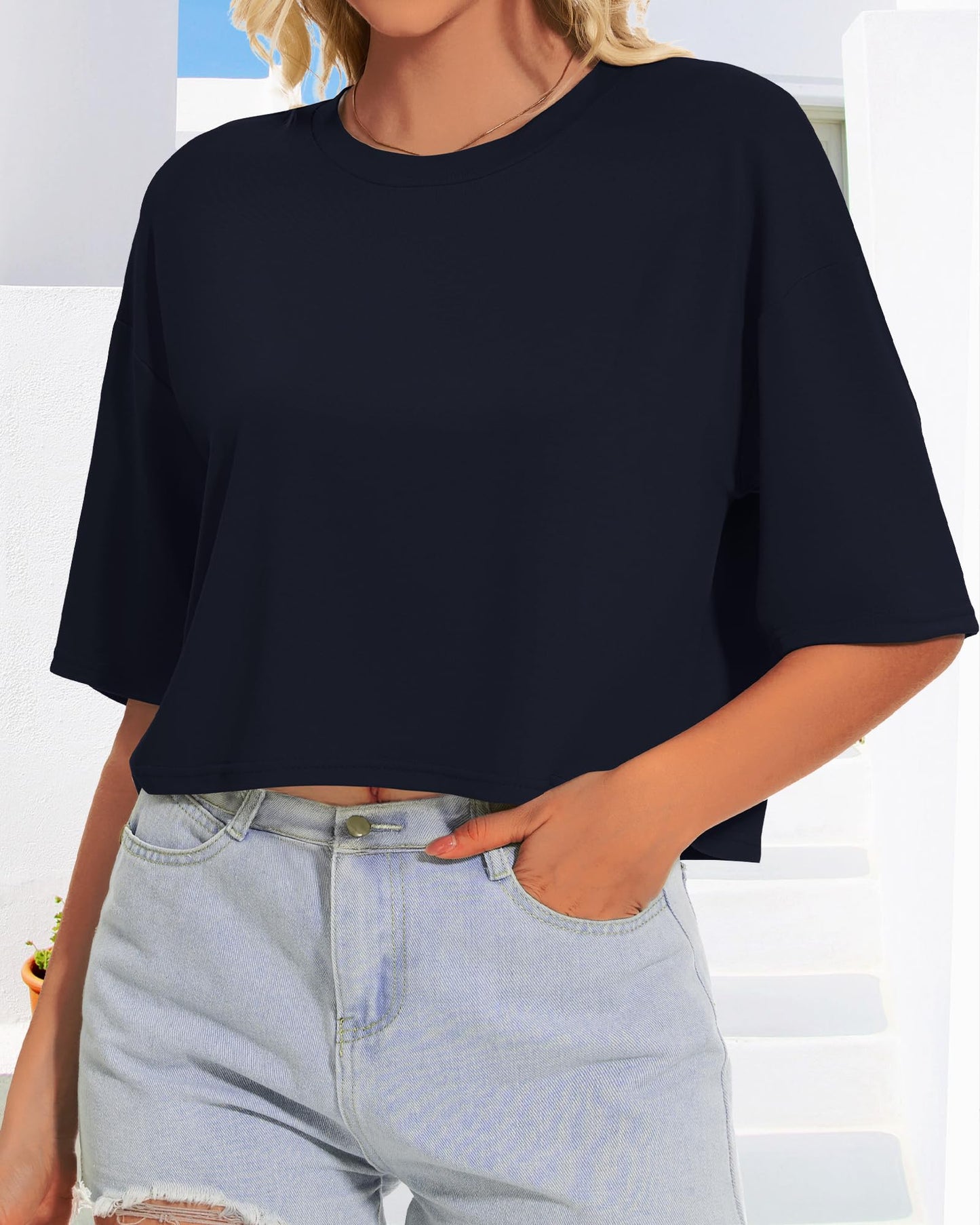 Summer Crop Tops for Womens Casual Half Sleeve Top Loose Fit Short Sleeve T Shirts Workout Oversized Tees(Black,M)