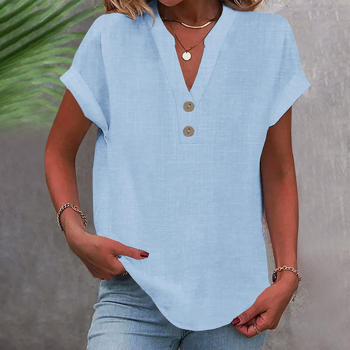 Big Spring Deals Summer Tops for Women 2025 Trendy Short Sleeve Cotton Linen Shirt Casual Button v Neck Tunic Blouses Outfits White Travel Shirts for Women M
