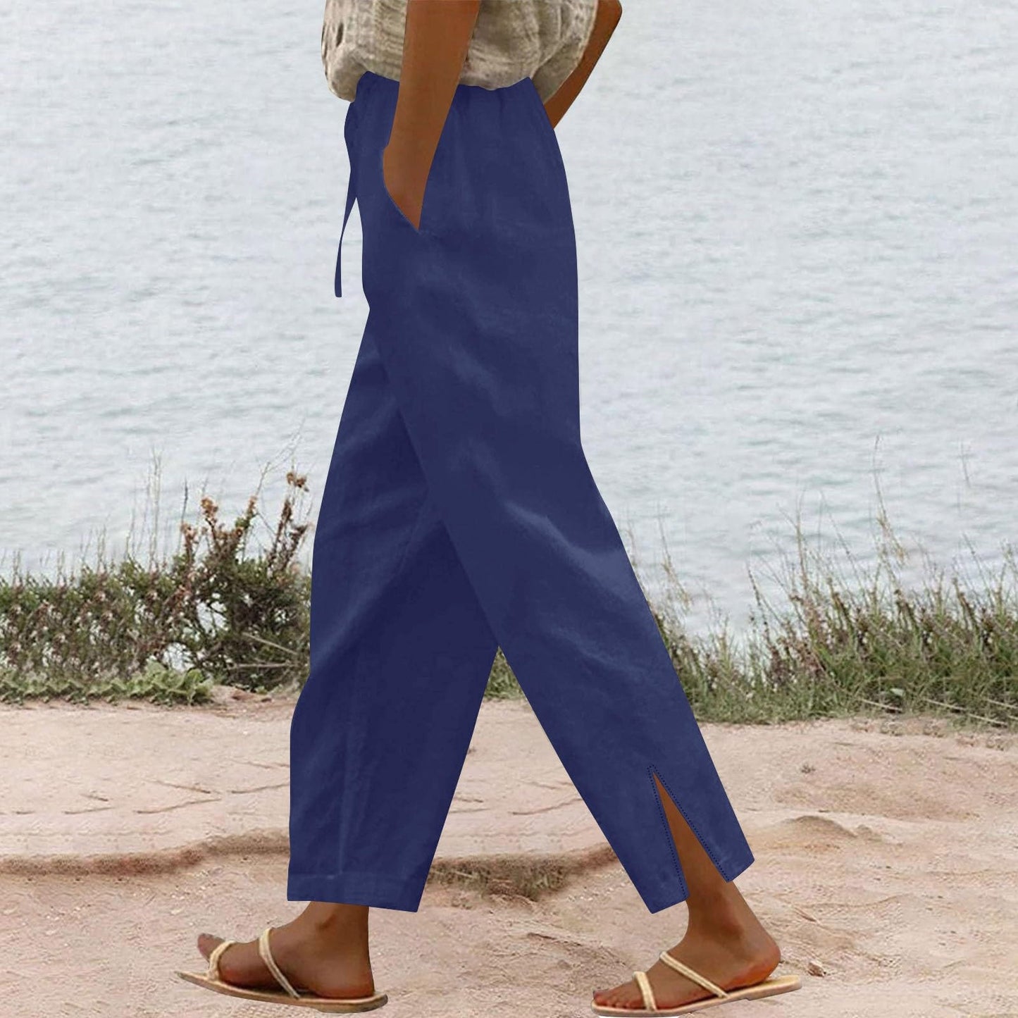 Womens Summer Pants Lightweight Casual Cotton Linen Pants for Women 2025 Summer Gauze Drawstring High Waisted Wide Leg Trousers Beach Vacation Clothes White XL