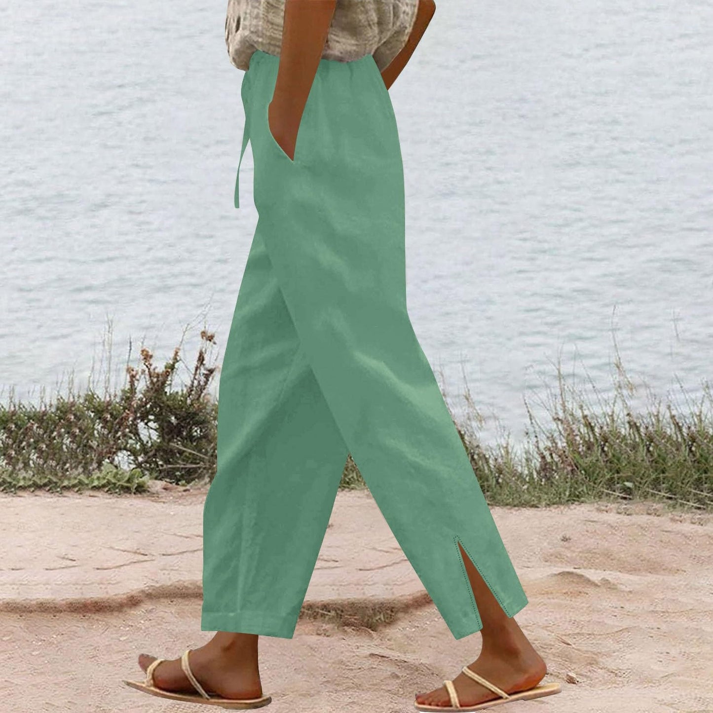 Womens Summer Pants Lightweight Casual Cotton Linen Pants for Women 2025 Summer Gauze Drawstring High Waisted Wide Leg Trousers Beach Vacation Clothes White XL