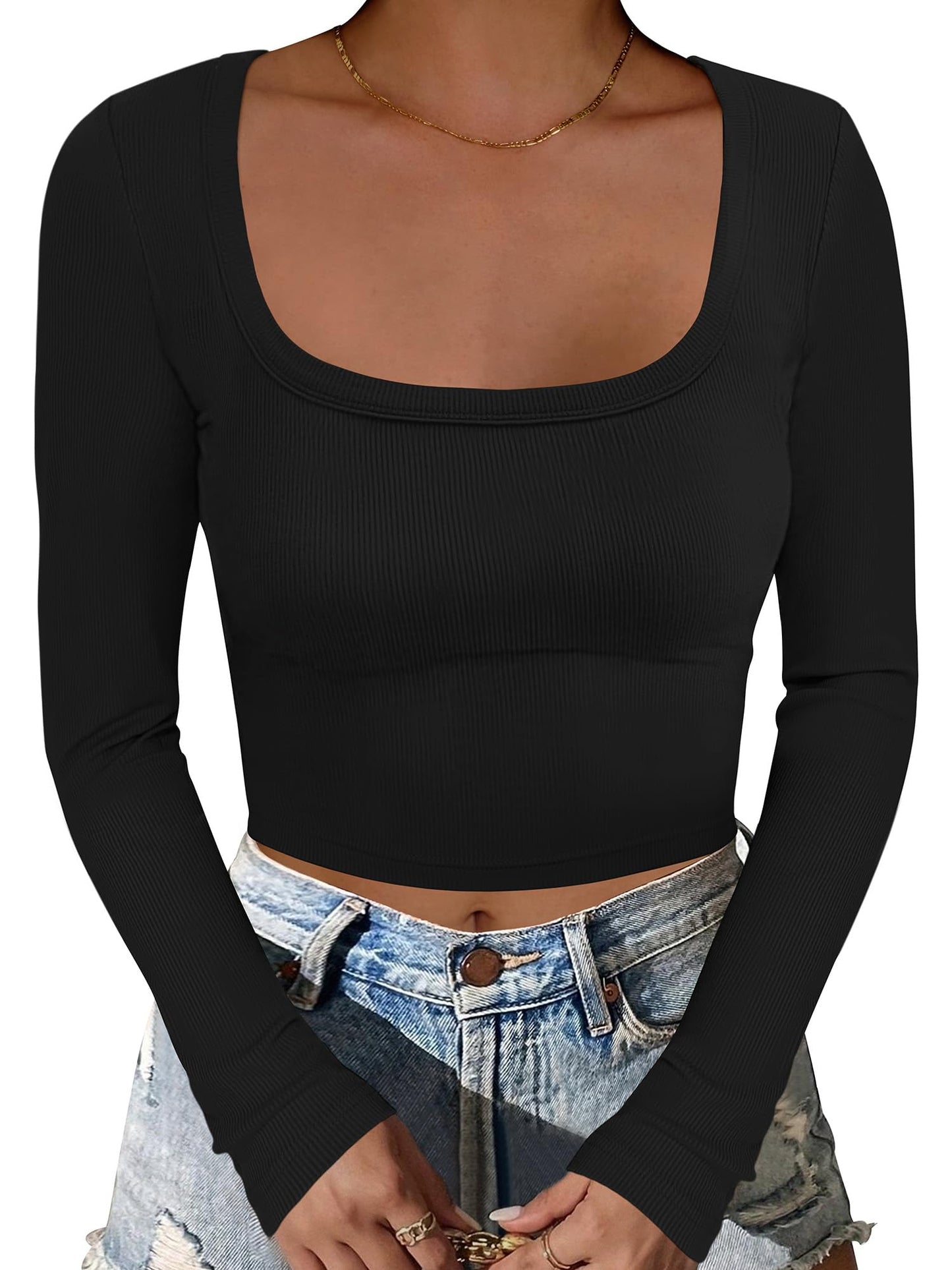 ANRABESS Women's Long Sleeve Crop Top Square Neck Ribbed Slim Fitted Shirts Casual Workout Basic Tees 2025 Fall Y2k Clothes Khaki Small