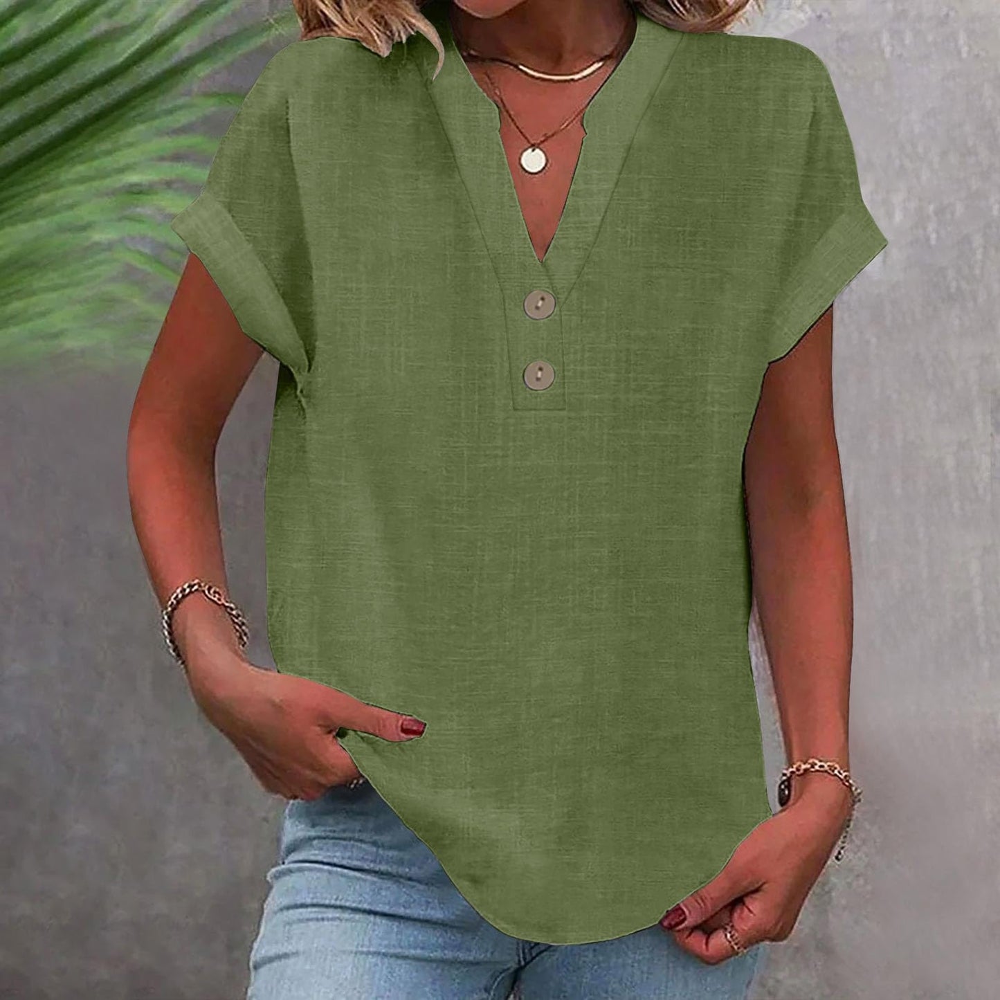Big Spring Deals Summer Tops for Women 2025 Trendy Short Sleeve Cotton Linen Shirt Casual Button v Neck Tunic Blouses Outfits White Travel Shirts for Women M