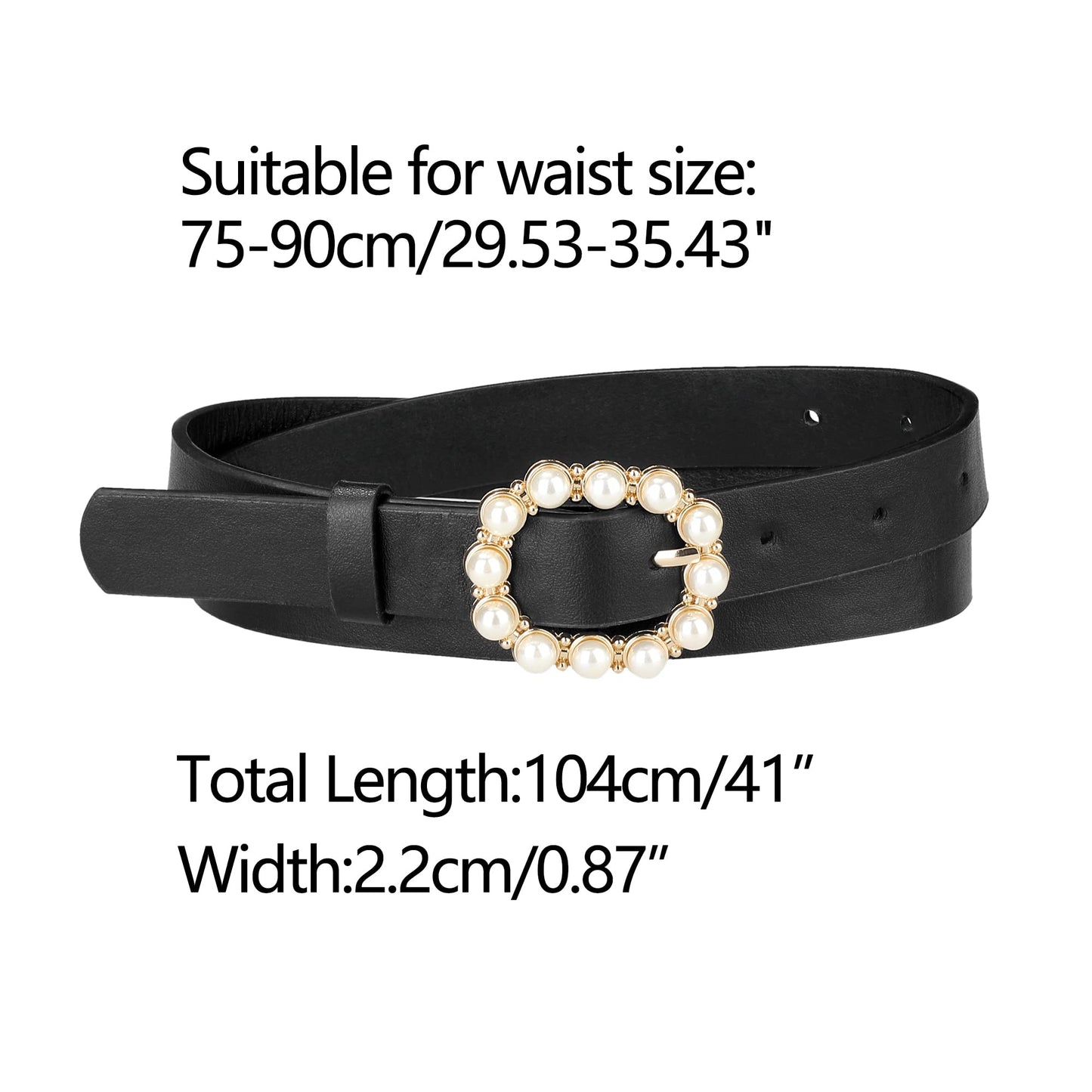 Allegra K Womens Pearl Waistband Skinny Leather Adjustable Pin Buckle Belt for Jeans Dresses Pants 75-90cm/29.53"-35.43" Black