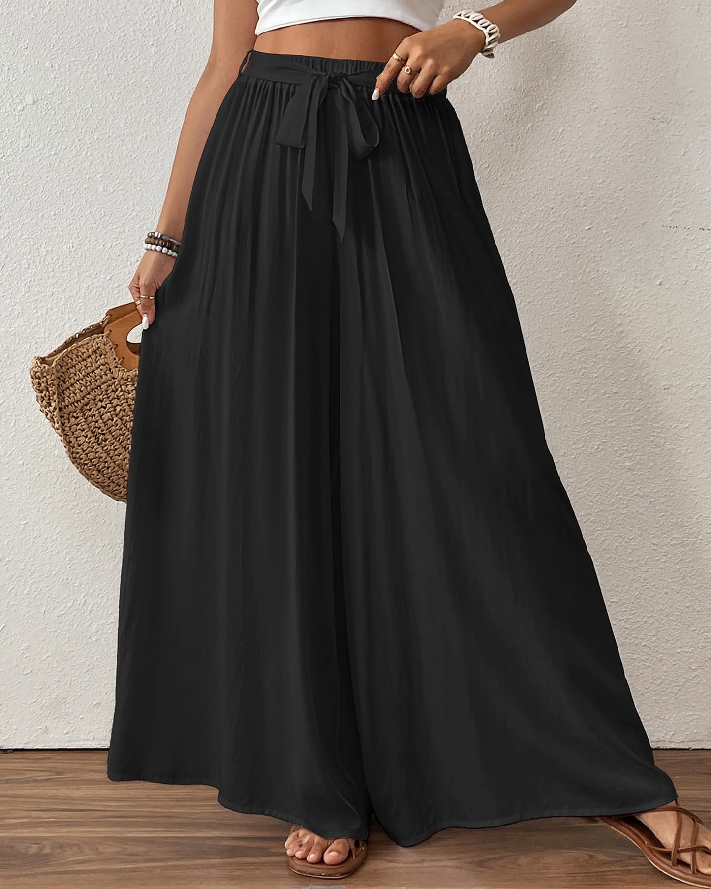 Bsubseach Wide Leg Pants Woman Flowy Floral Palazzo Pants for Women High Waisted Summer Casual Trousers Cruise Outfits Dark Green XS