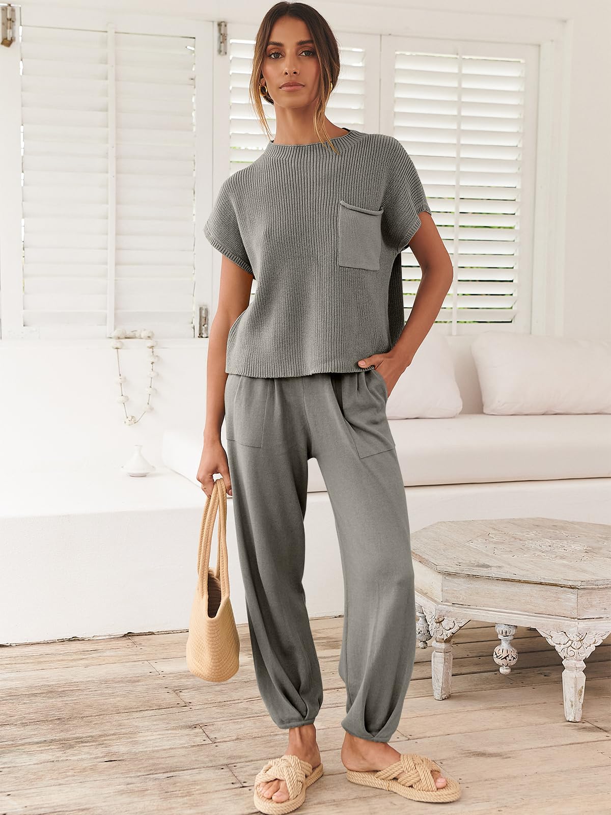 ANRABESS Women's Two Piece Outfits Knit Sweater Vest Crop Top Pants Lounge Matching Tracksuit Sweatsuit Travel Clothes Sets Pink X-Small